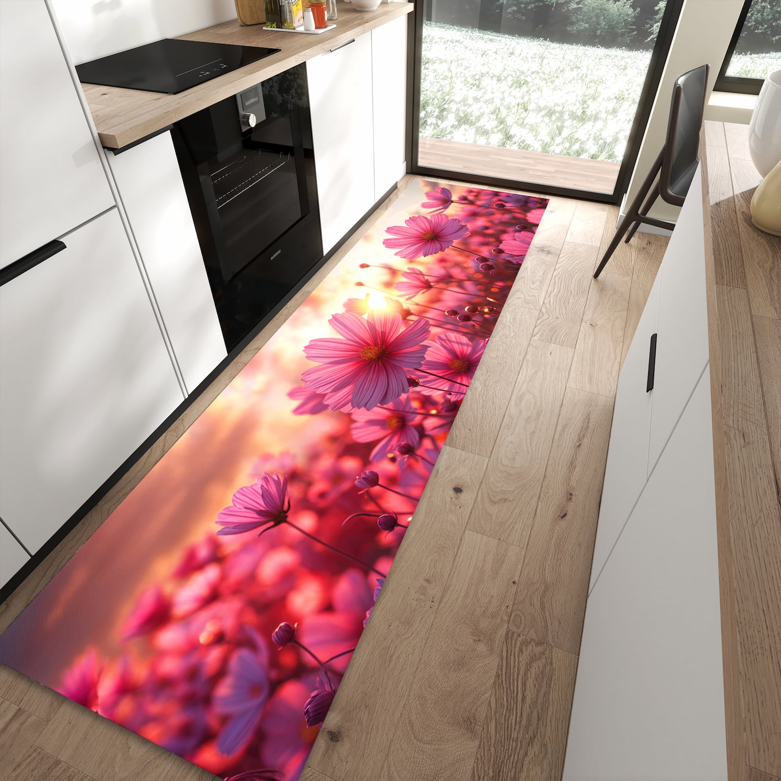 Langlebiger Küchenläufer mit Motiv Blumenfeld Sonnenuntergang in moderner Küche
