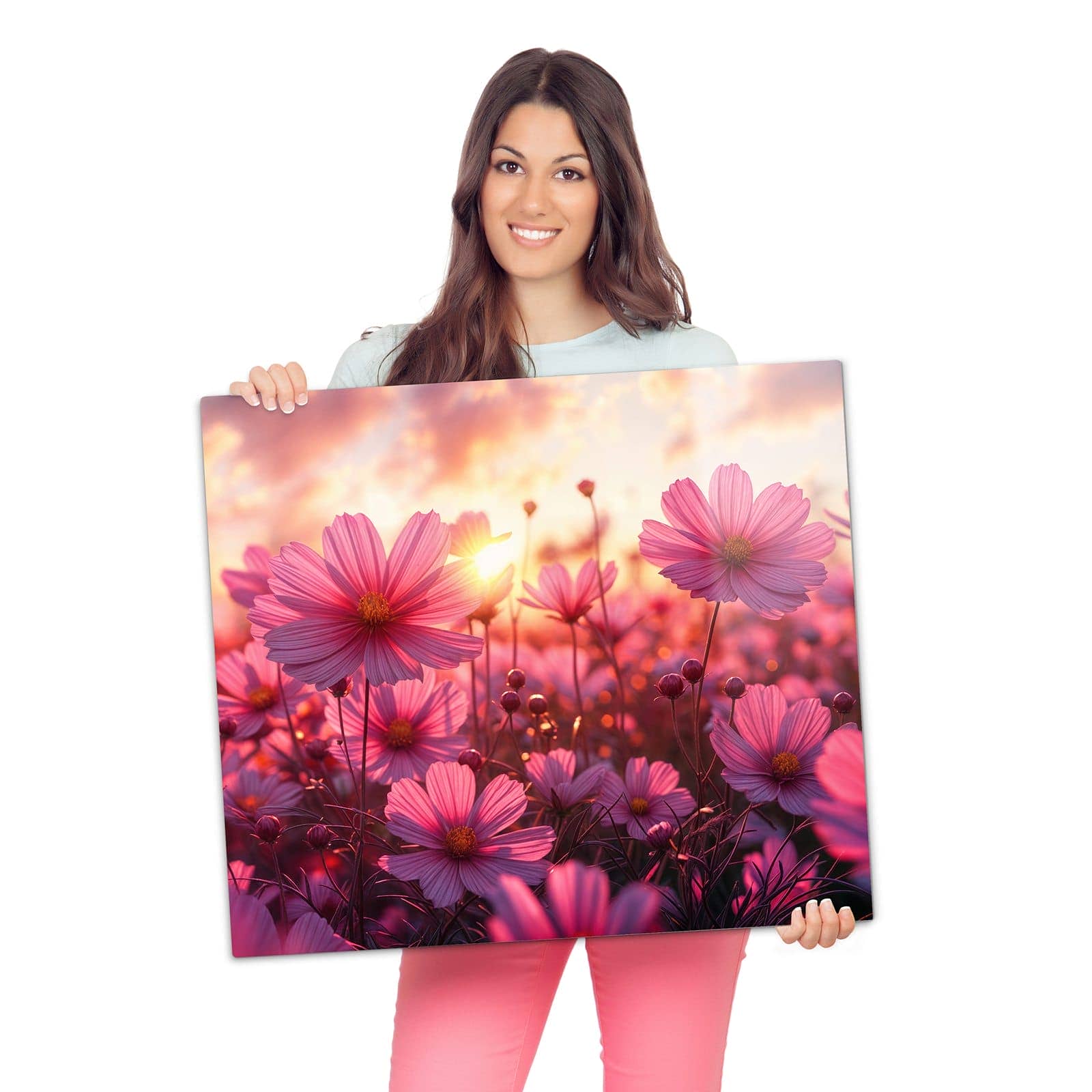 1-teilige Herdplattenabdeckung mit Blumenfeld Sonnenuntergang-Motiv wird zur Größendarstellung gehalten