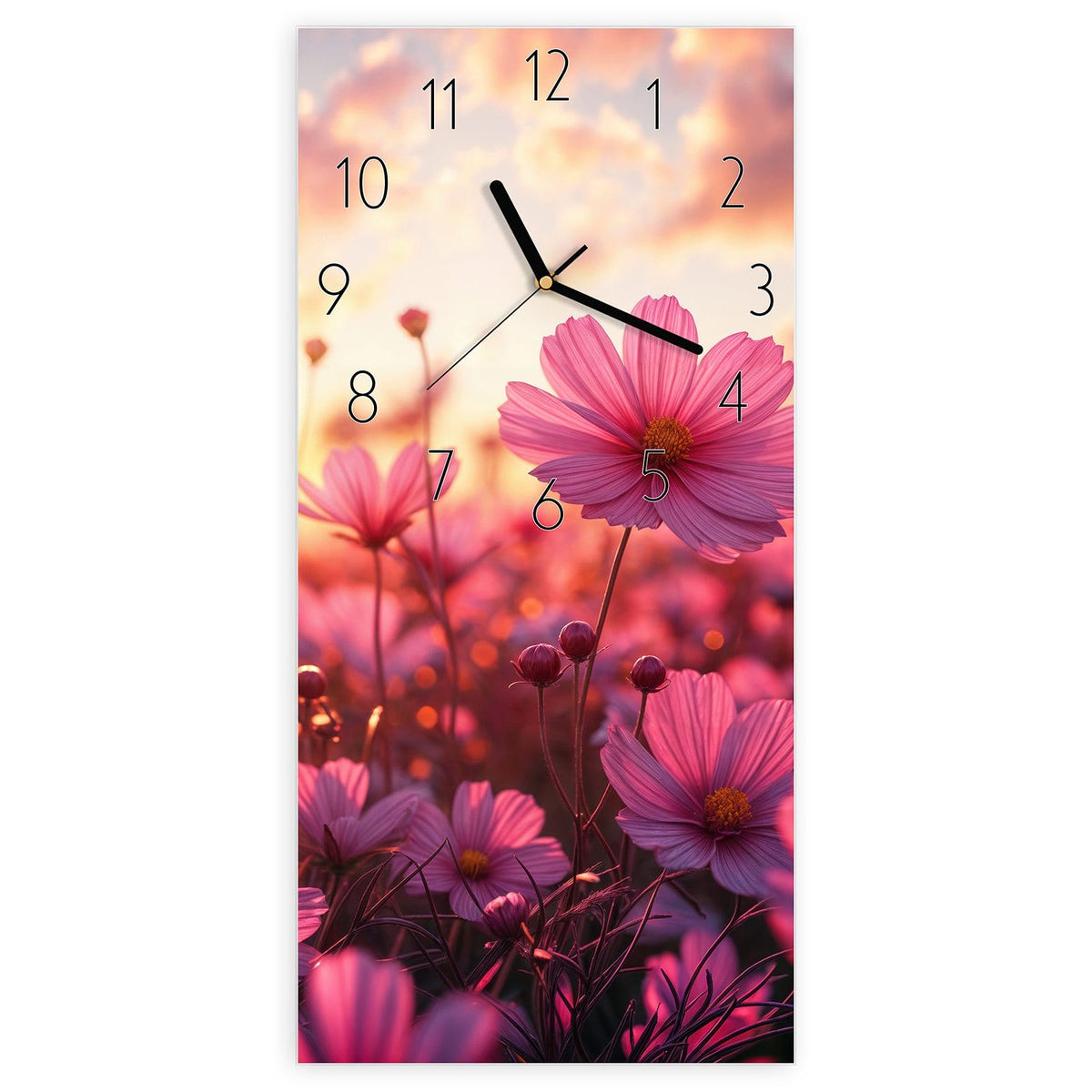 Wanduhr aus Glas, Ziffernblatt Elegant mit Motiv Cosmeen im Abendlicht: Rosa Cosmeen vor einem Sonnenuntergangshimmel mit Wolken. #ziffernblatt_Elegant