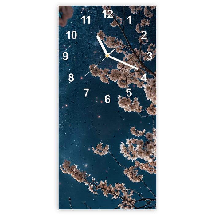 Wanduhr Blüten im Mondlicht aus Glas – Hochformat 30 × 60 cm mit Ziffernblatt Modern