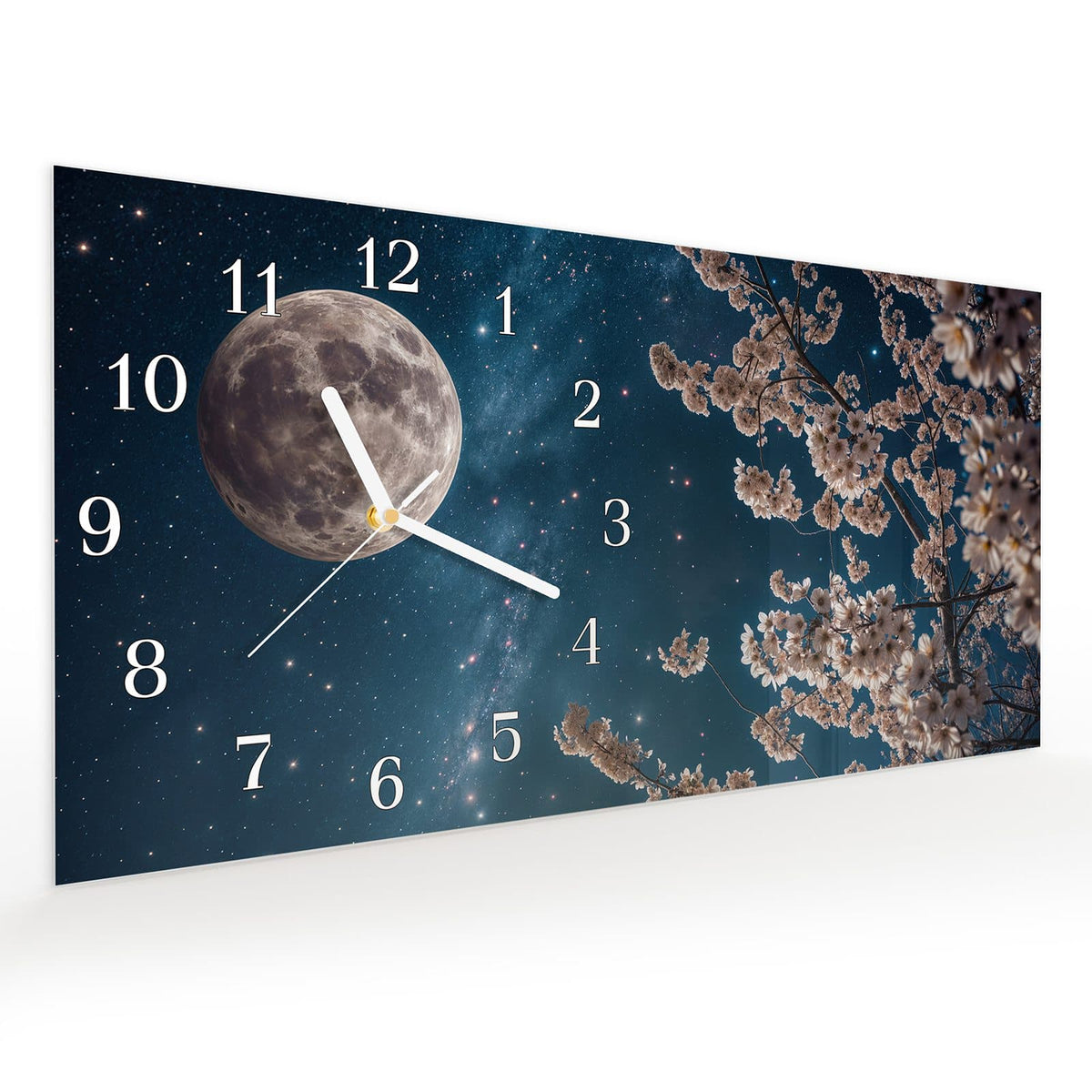 Vormontiert – mit Schwebeeffekt – Wanduhr Blüten im Mondlicht aus Glas – Querformat 60 × 30 cm