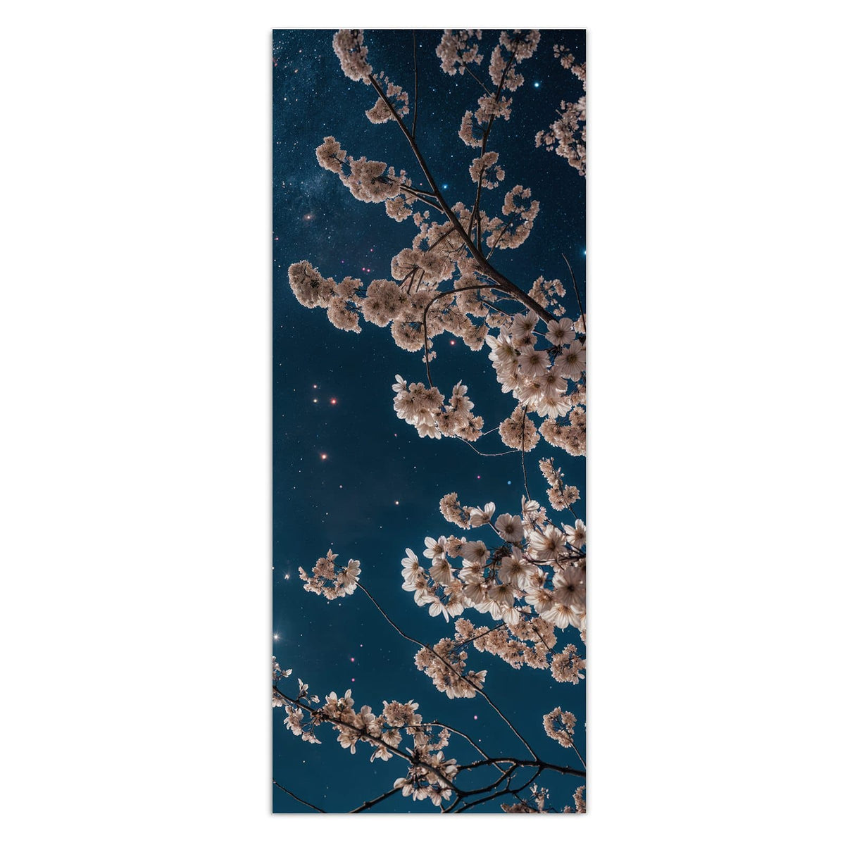 Wandbild - Blüten unter Sternen - Hochformat – Kirschblüten vor dem Sternenhimmel
