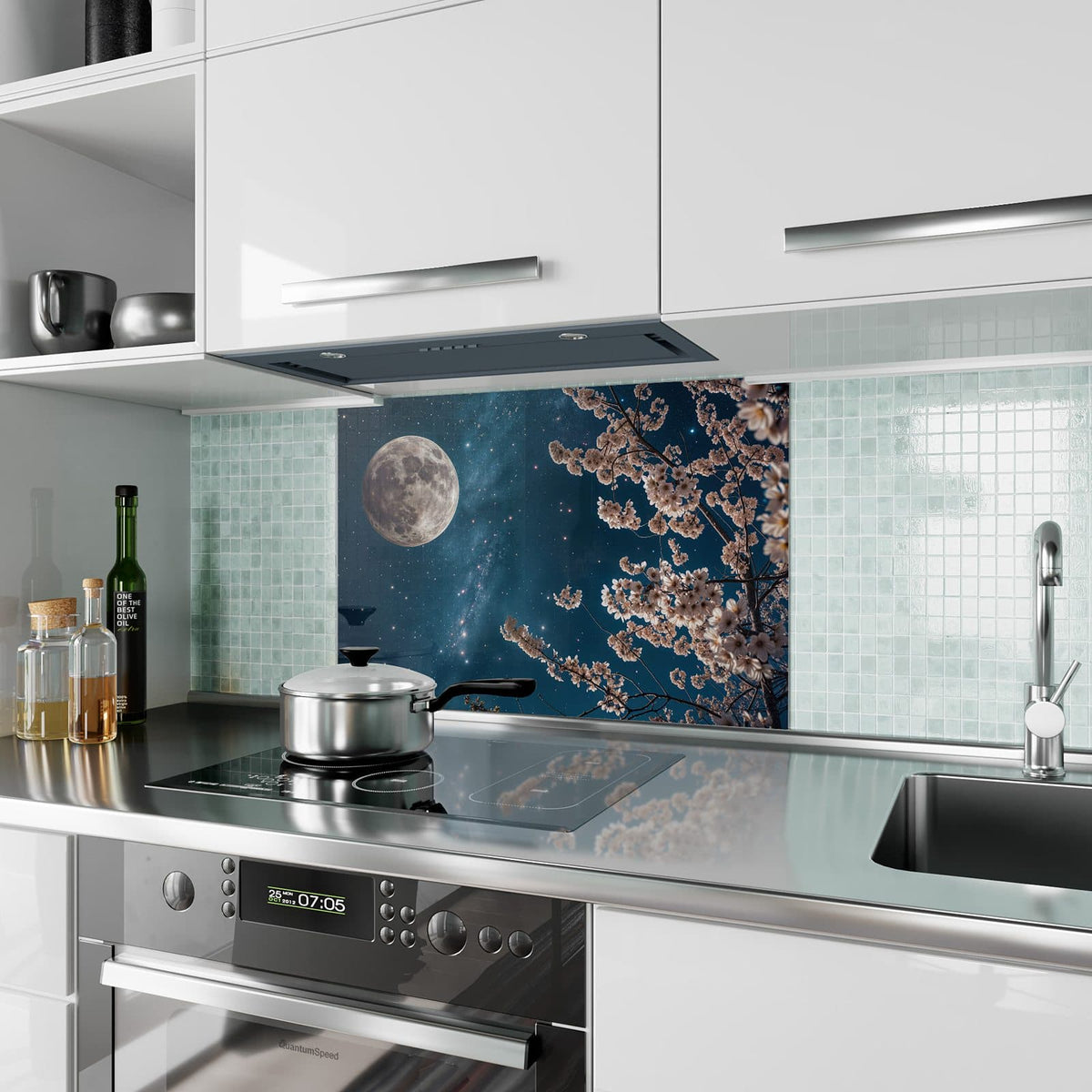 Küchenrückwand aus Glas Blüten unter Sternen im Hochformat als Spritzschutz hinter dem Kochfeld, über dem Fliesenspiegel montiert