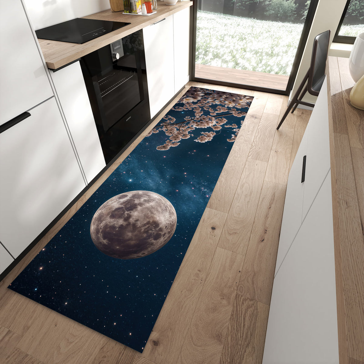 Küchenteppich mit Motiv Mondblumen Nacht für Ordnung in moderner Küche