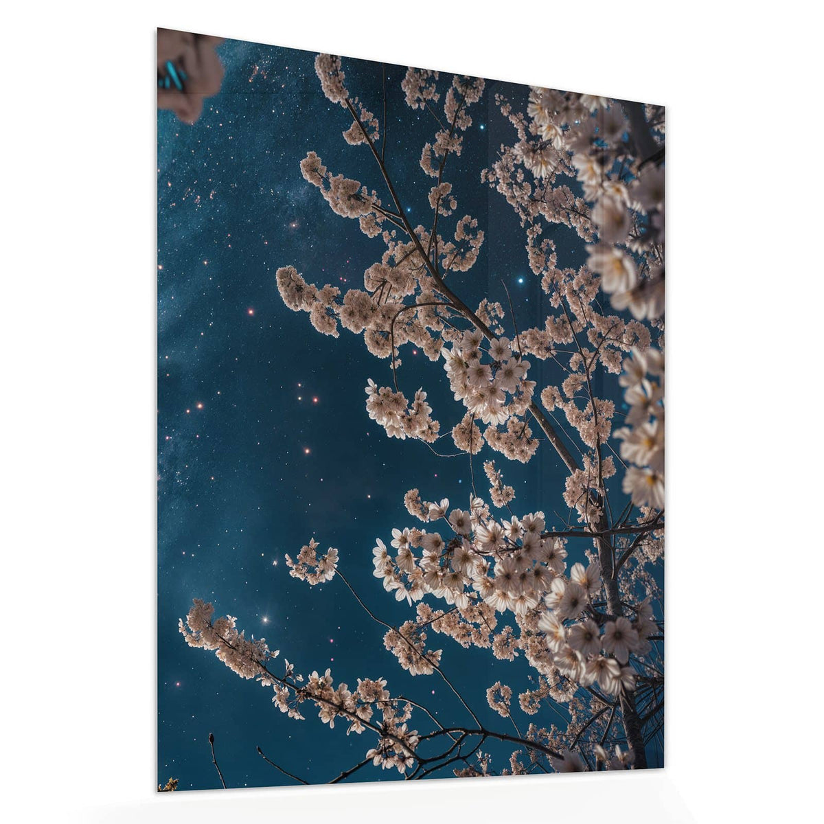 Echtglas, 4 mm – kein Acryl, keine Folie – Wandbild - Blüten unter Sternen - Hochformat