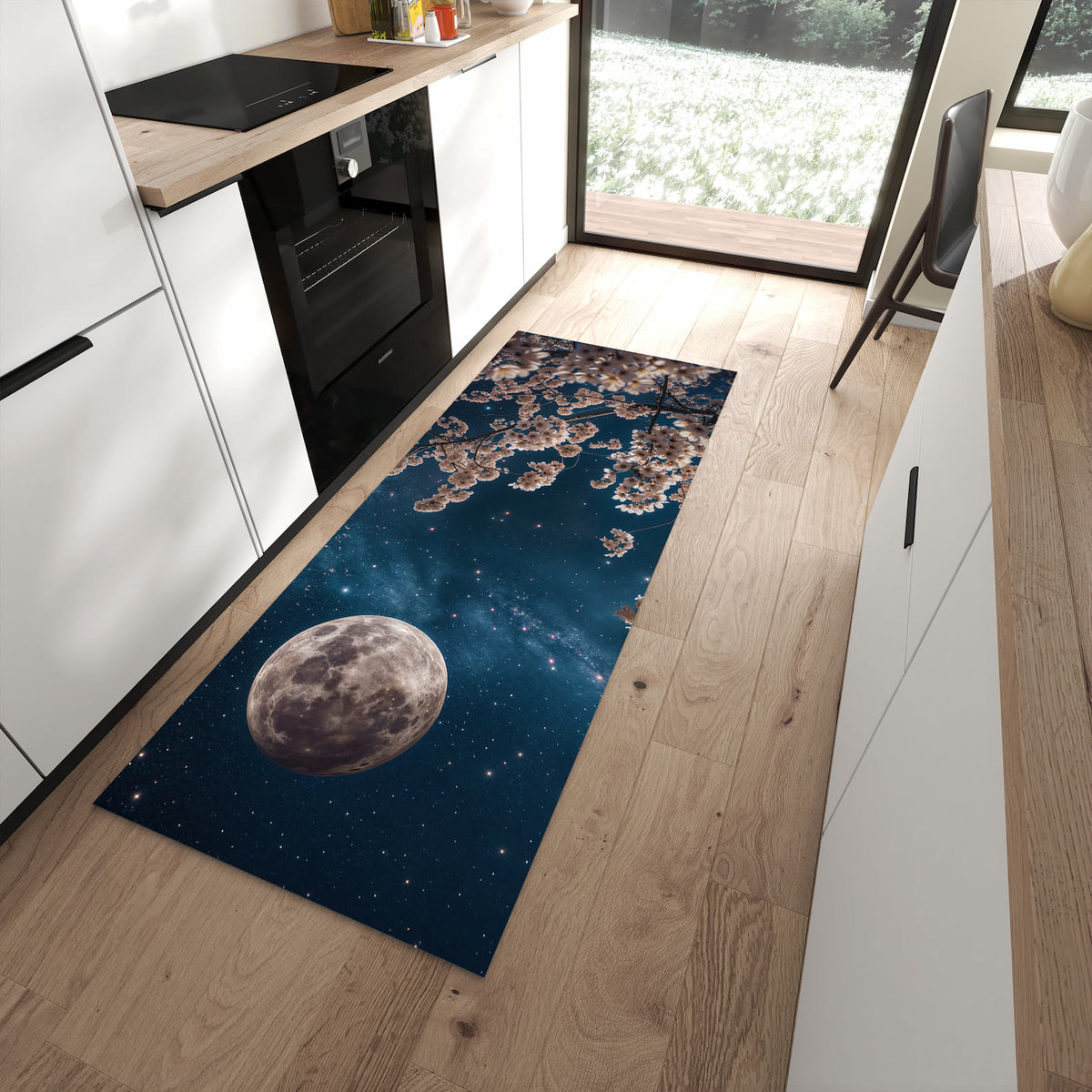 Feuchtigkeitsresistenter Küchenteppich mit Motiv Mondblumen Nacht in moderner Küche