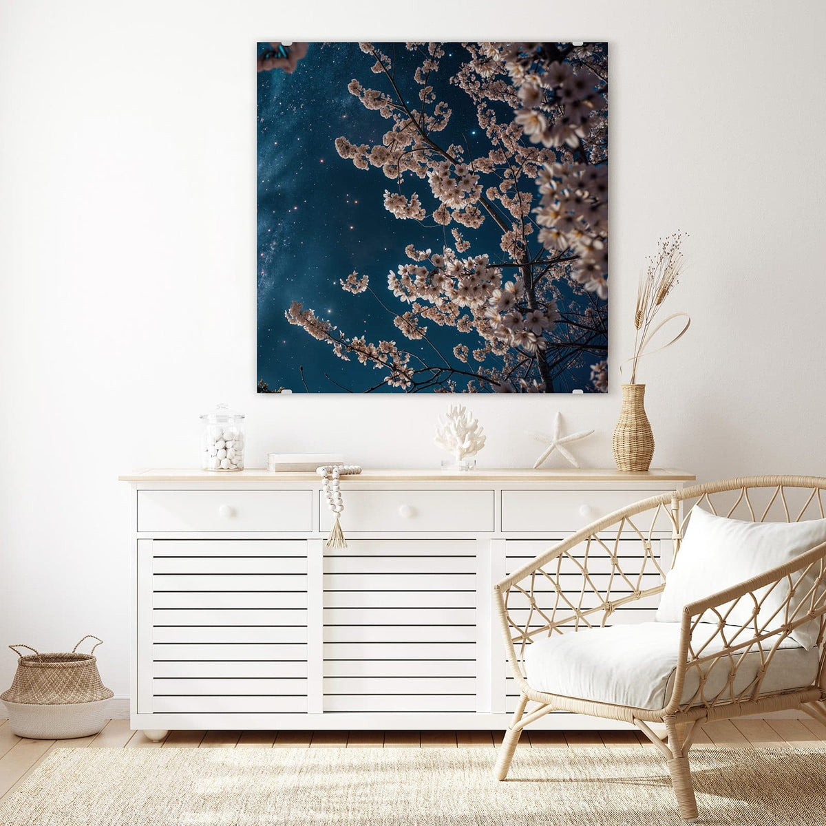 Echtglas, 4 mm – kein Acryl, keine Folie – Wandbild - Blüten unter Sternen - Quadratisch