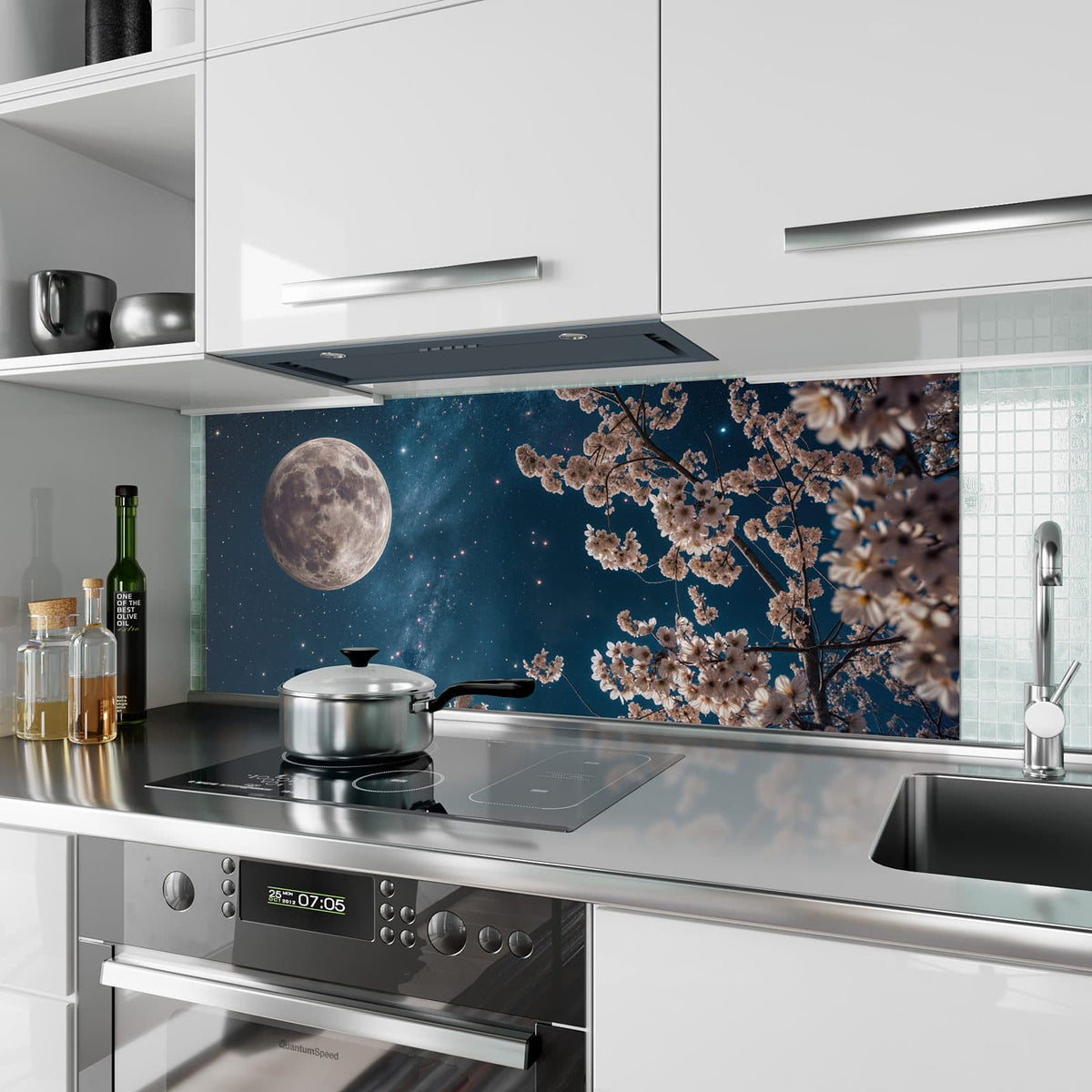 Küchenrückwand aus Glas Blüten unter Sternen im Hochformat als Spritzschutz hinter dem Kochfeld, über dem Fliesenspiegel montiert