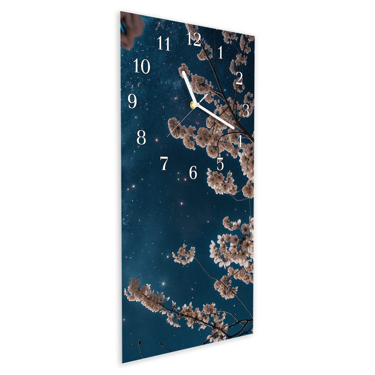 Vormontiert – mit Schwebeeffekt – Wanduhr Blüten im Mondlicht aus Glas – Hochformat 30 × 60 cm