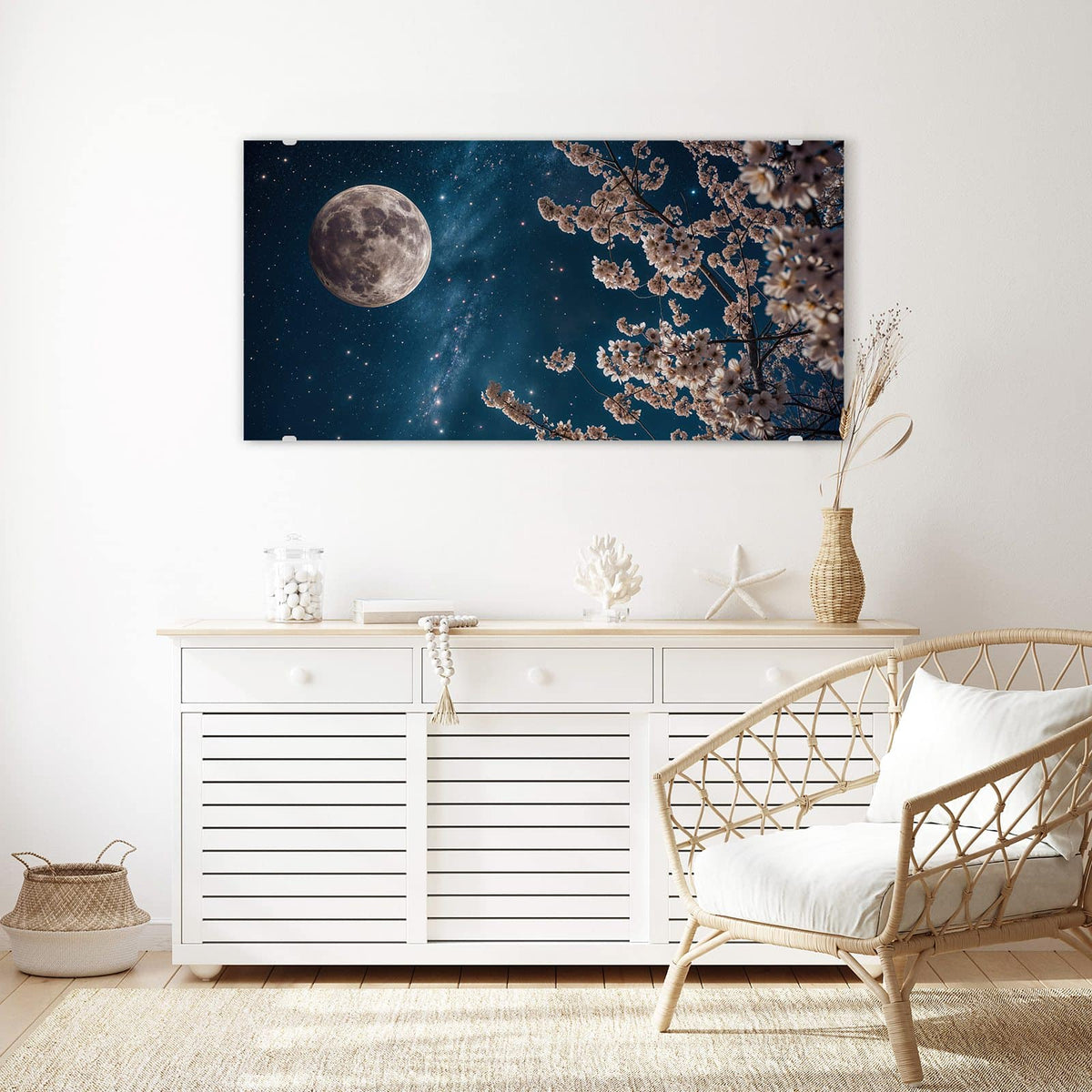 Echtglas, 4 mm – kein Acryl, keine Folie – Wandbild - Blüten unter Sternen - Querformat