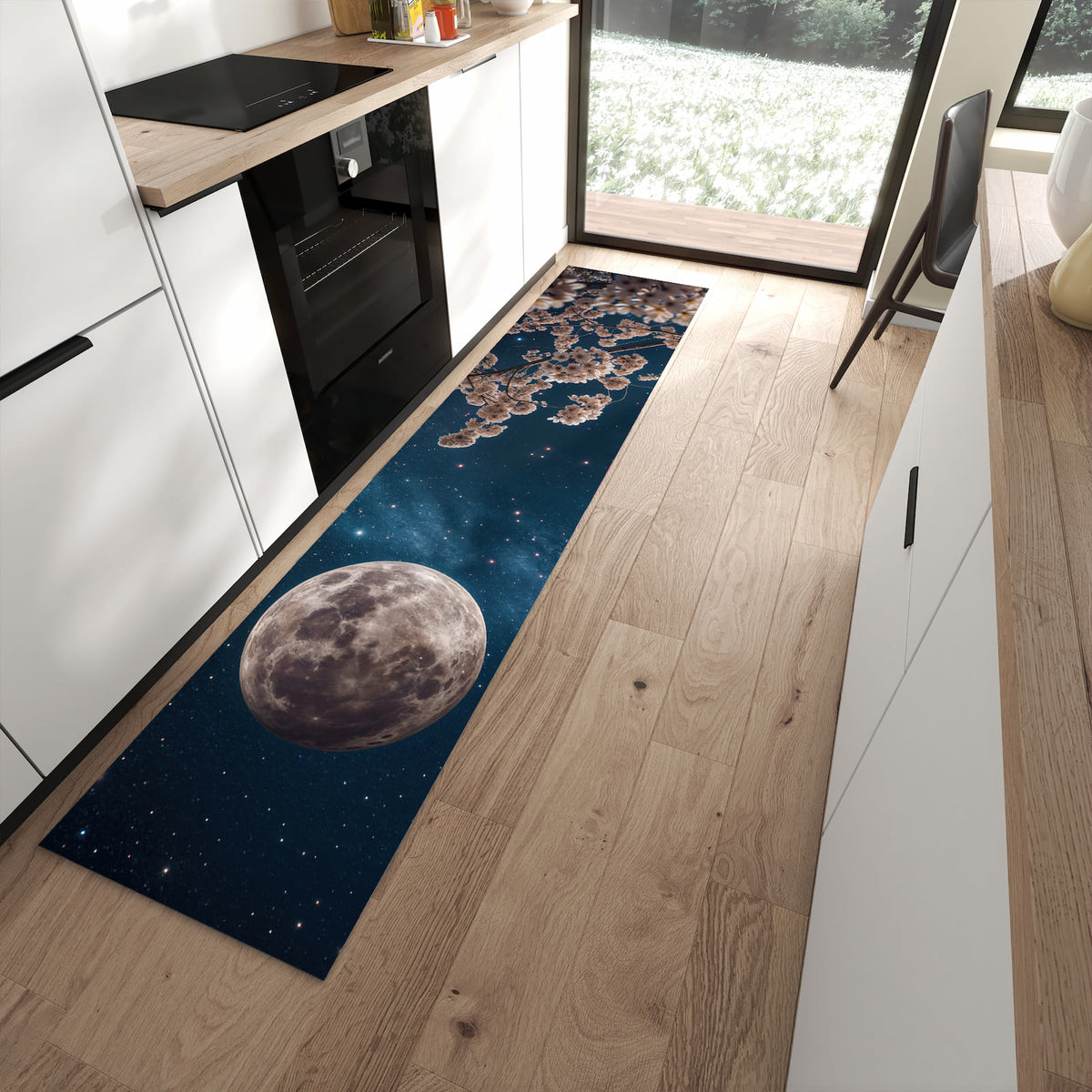 Waschbarer Küchenteppich mit Motiv Mondblumen Nacht in moderner Küche