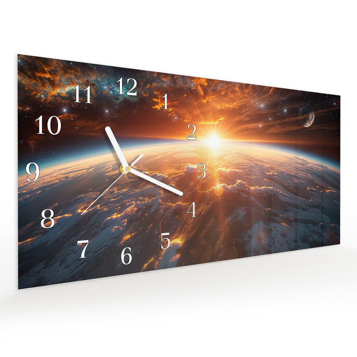 Vormontiert – mit Schwebeeffekt – Wanduhr Erde Sonnenaufgang aus Glas – Querformat 60 × 30 cm