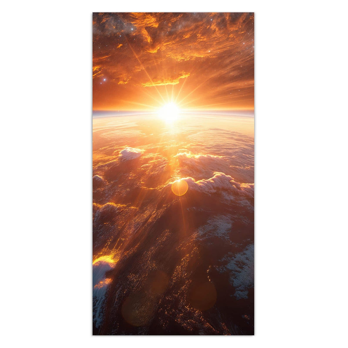 Sonne geht über der Erdkrümmung auf, orange glühende Wolkenfelder
