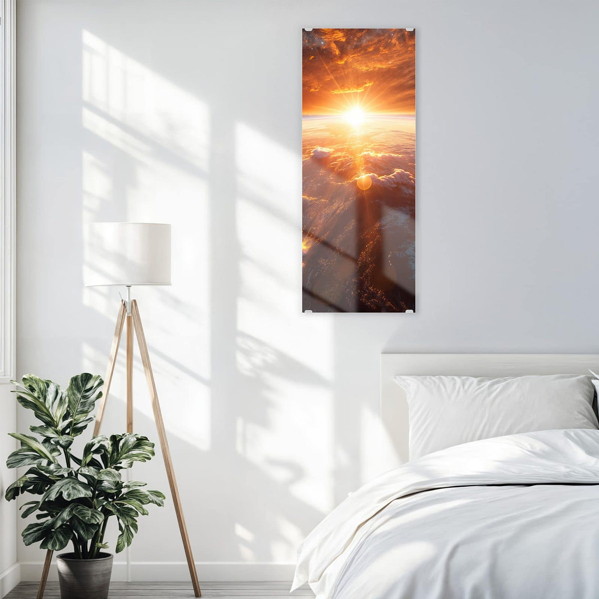 Glasbild Morgenrot über der Erde an der Wand – Sonne geht über der Erdkrümmung auf, orange glühende Wolkenfelder