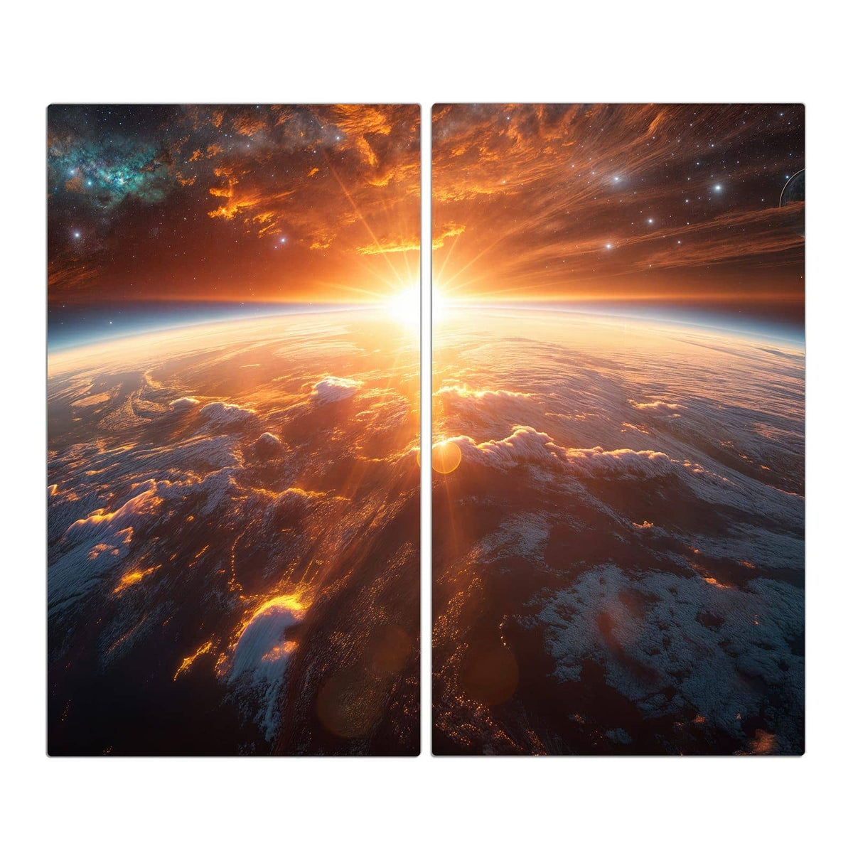 Sonne geht über der Erdkrümmung auf, orange glühende Wolkenfelder