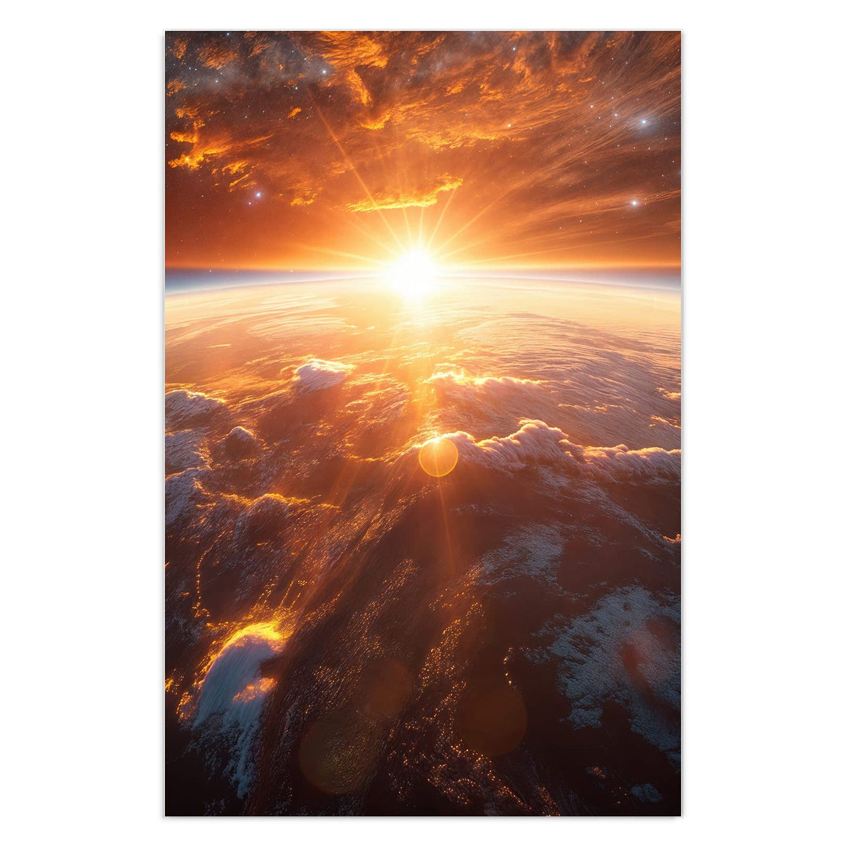 Sonne geht über der Erdkrümmung auf, orange glühende Wolkenfelder