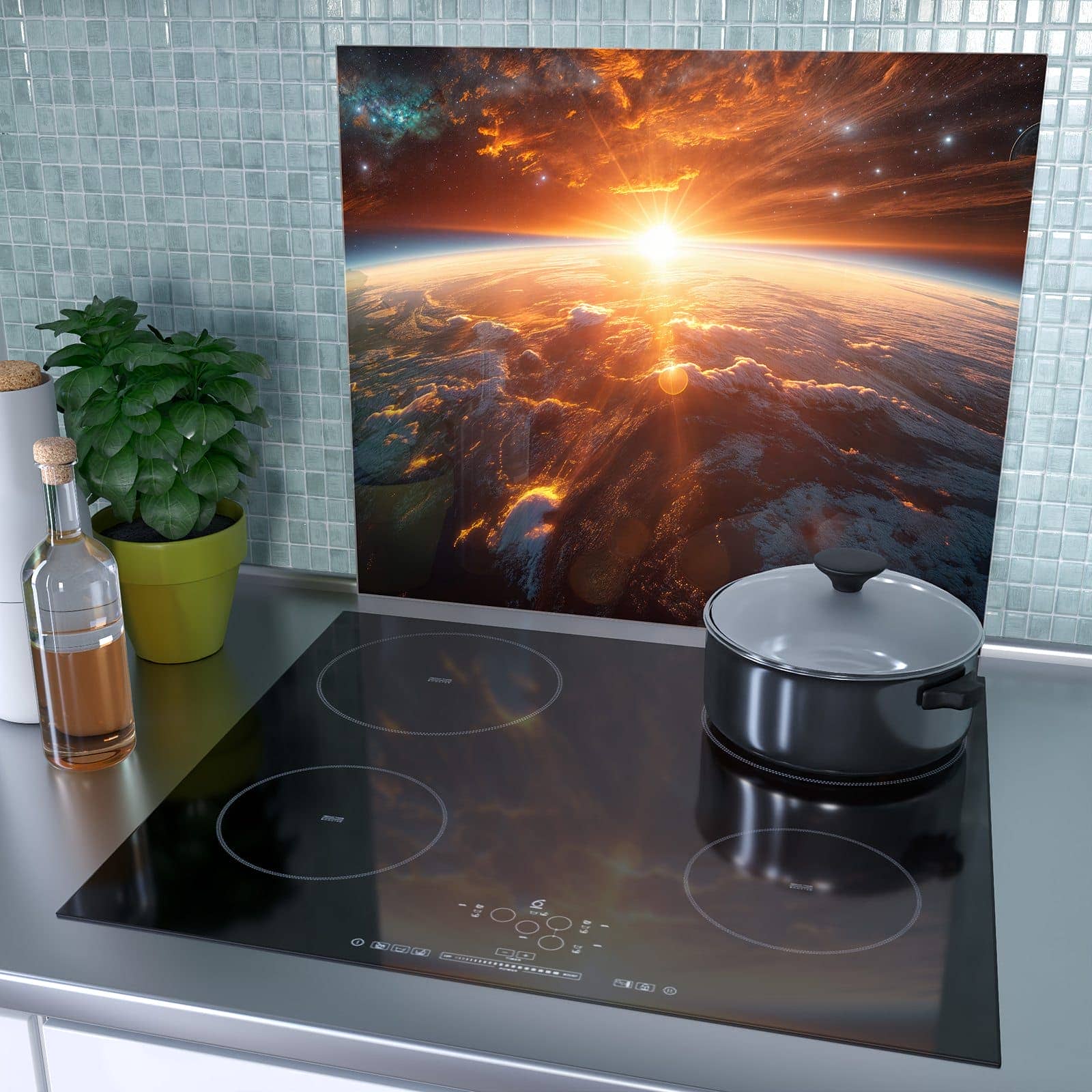 1-teilige Herdabdeckplatte aus Glas mit Sonnenaufgang Erde-Motiv als Spritzschutz hinter dem Kochfeld
