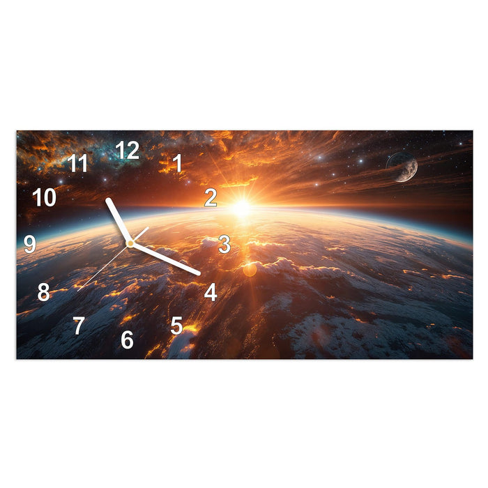 Wanduhr Erde Sonnenaufgang aus Glas – Querformat 60 × 30 cm mit Ziffernblatt Modern