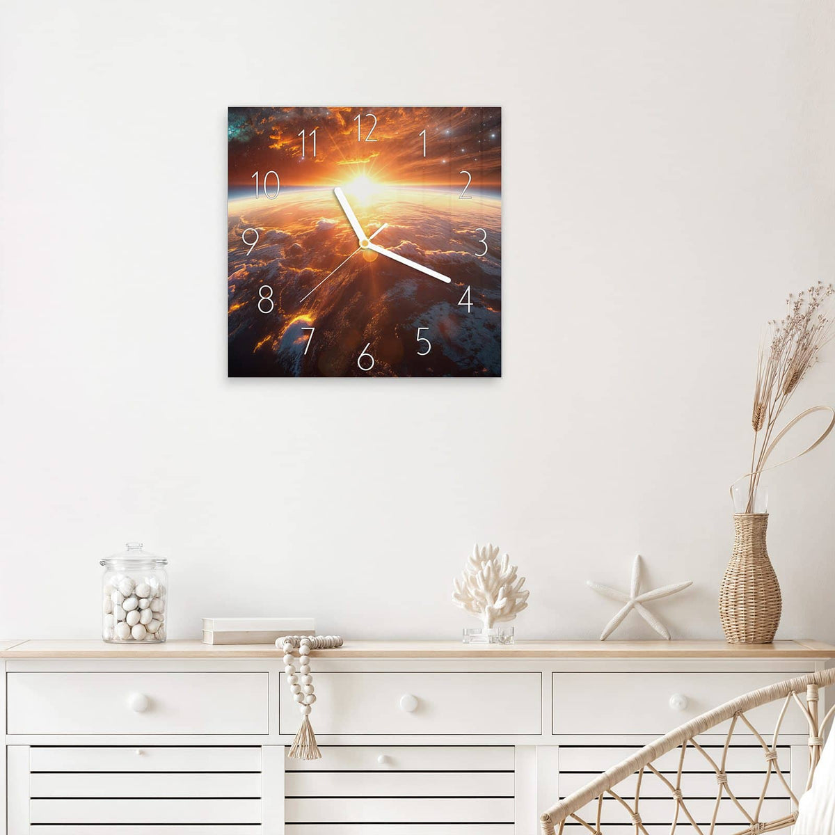 Wanduhr Morgenrot über der Erde aus Glas – Quadratisch 30 × 30 cm – Sonnenaufgang über der Erdkrümmung