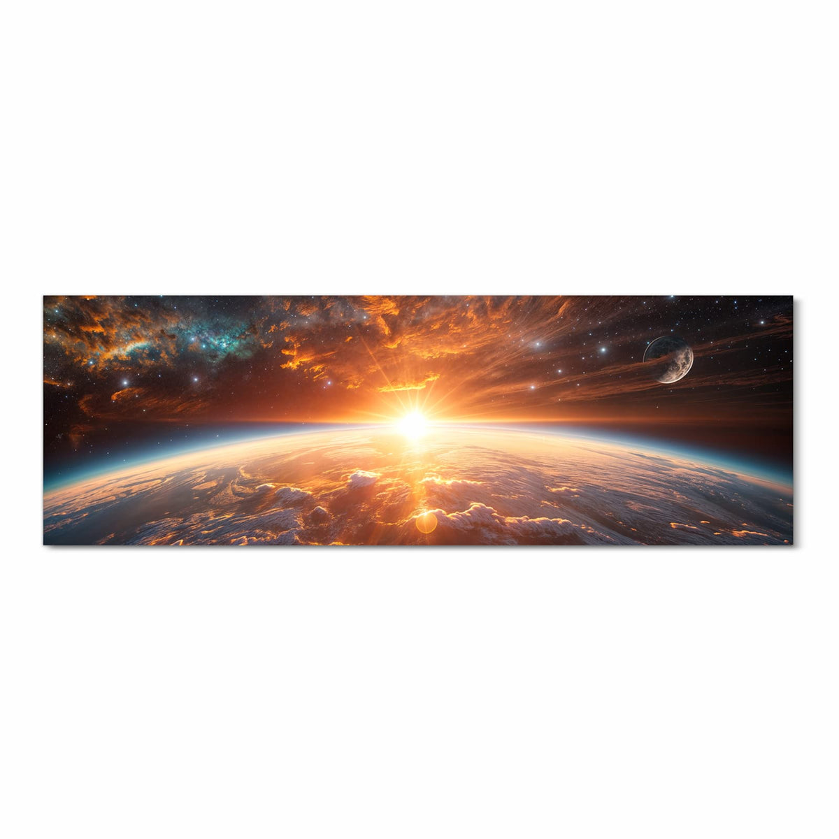 Sonne geht über der Erdkrümmung auf, orange glühende Wolkenfelder