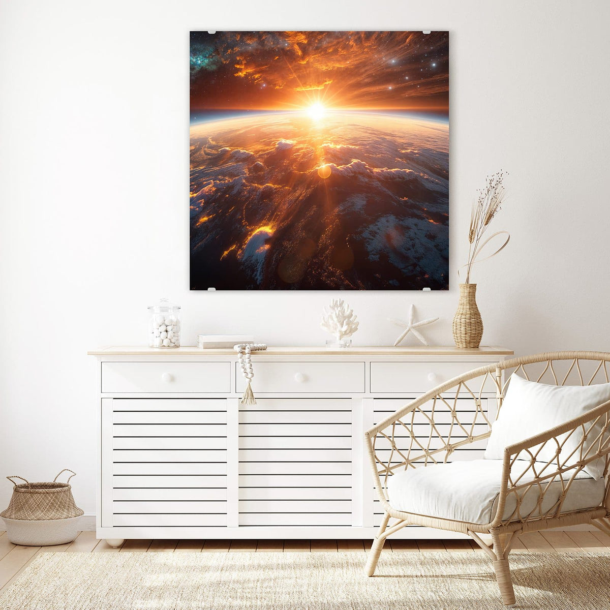 Echtglas, 4 mm – kein Acryl, keine Folie – Wandbild - Morgenrot über der Erde - Quadratisch