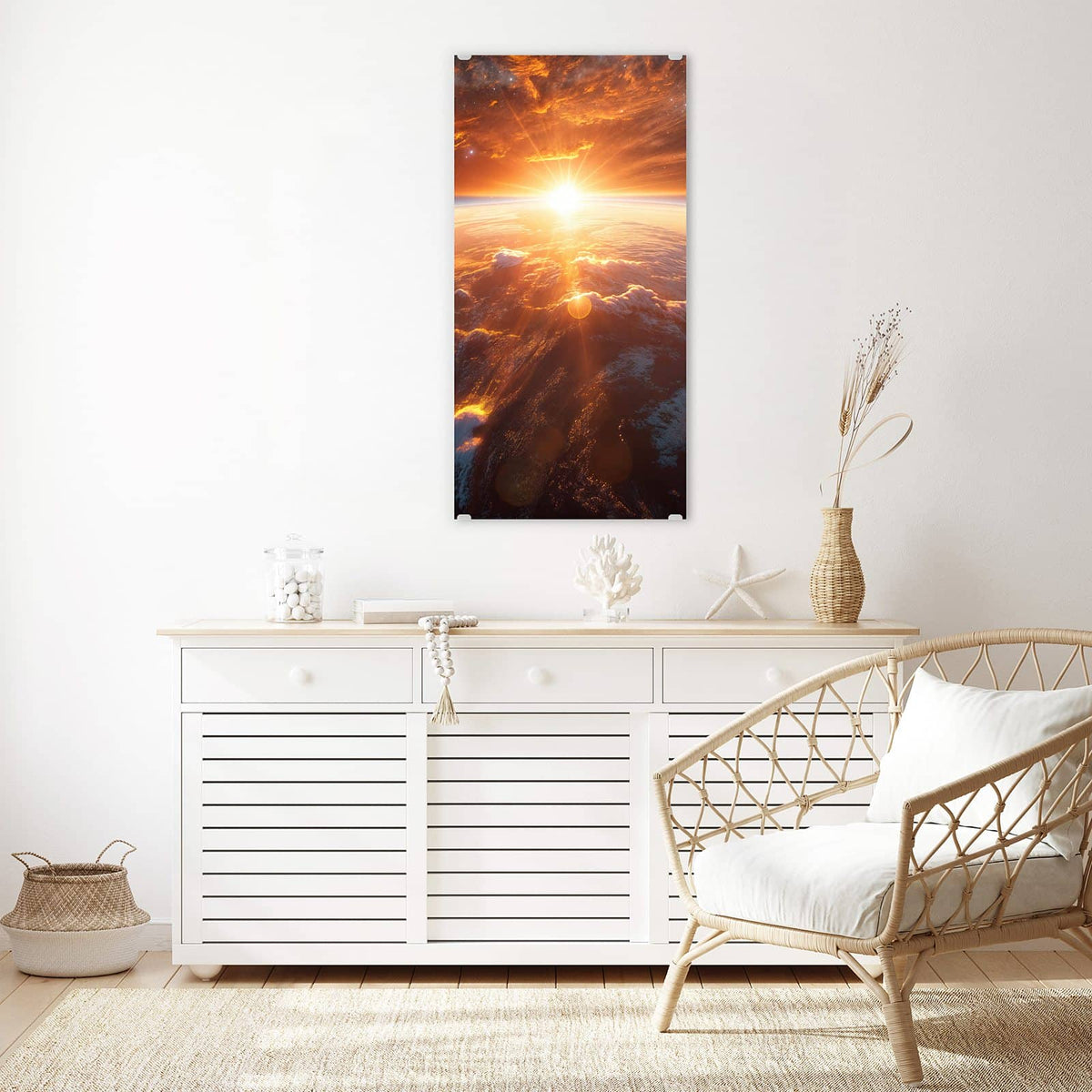 Glasbild Morgenrot über der Erde an der Wand – Sonne geht über der Erdkrümmung auf, orange glühende Wolkenfelder