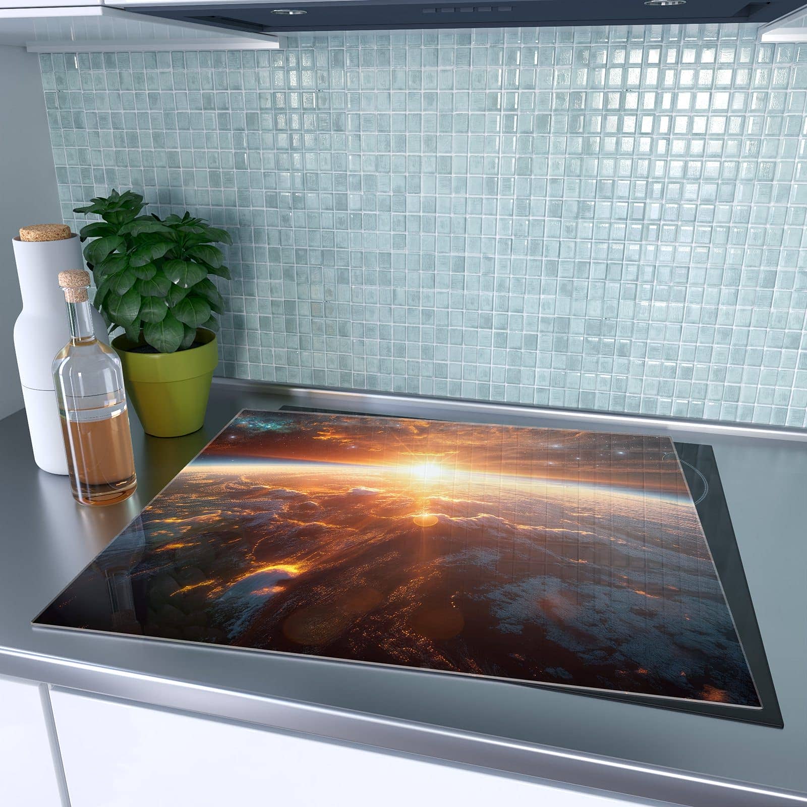 1-teilige Abdeckplatten für Ceranfeld mit Sonnenaufgang Erde-Motiv auf dem Ceranfeld