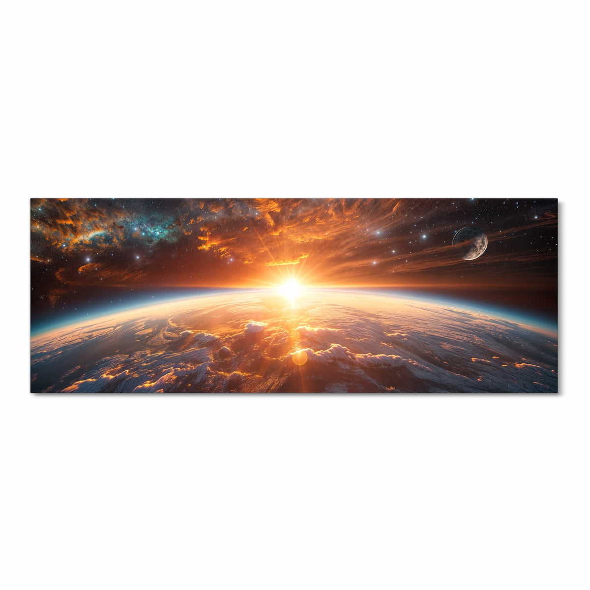 Sonne geht über der Erdkrümmung auf, orange glühende Wolkenfelder