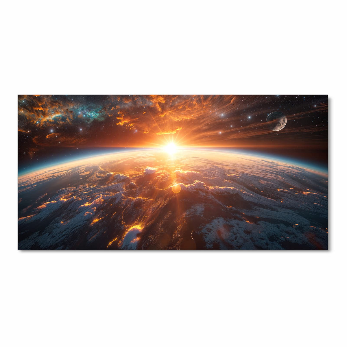 Sonne geht über der Erdkrümmung auf, orange glühende Wolkenfelder