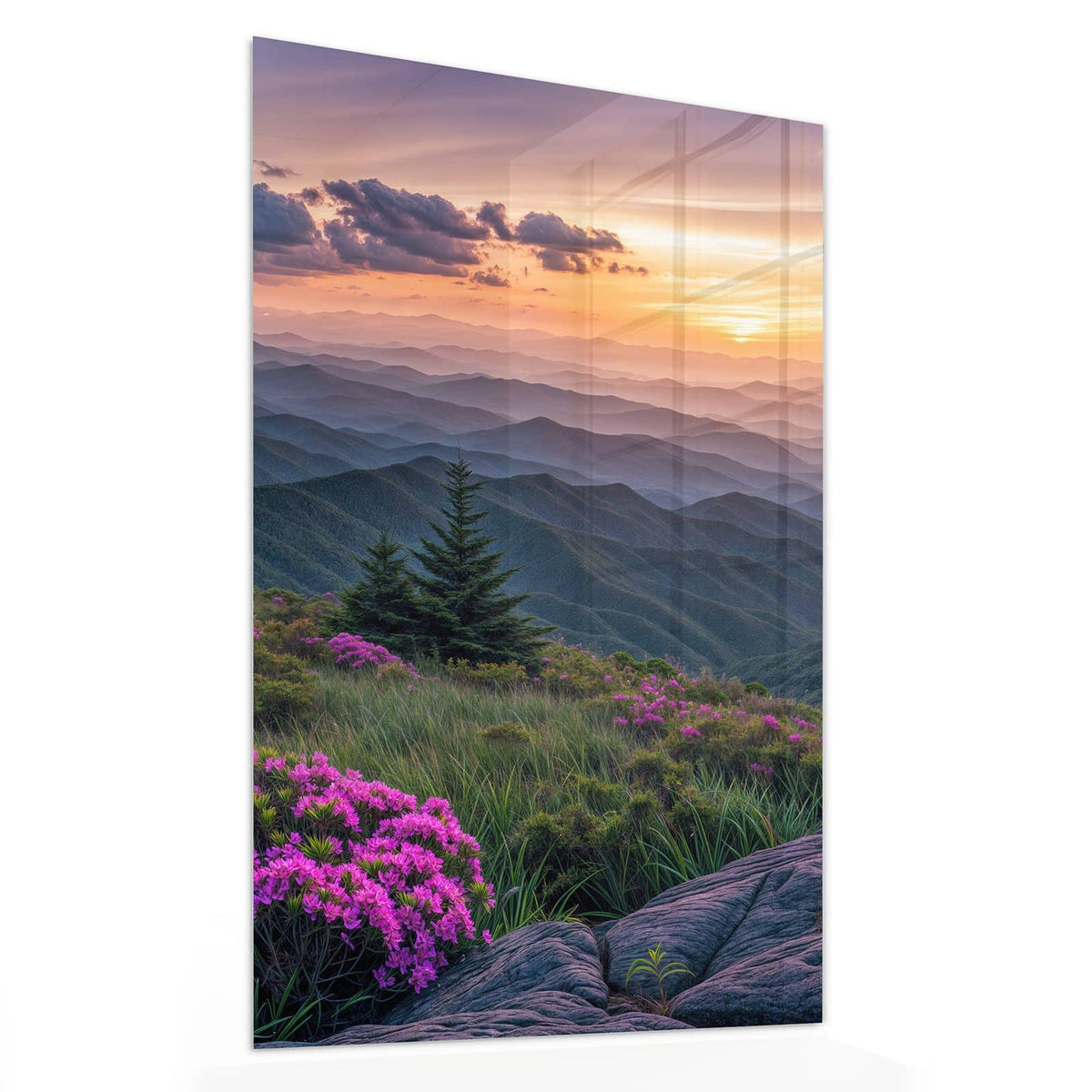 11 Größen – von 30 × 60 bis 60 × 150 cm – Wandbild - Blüten vor Bergketten - Hochformat