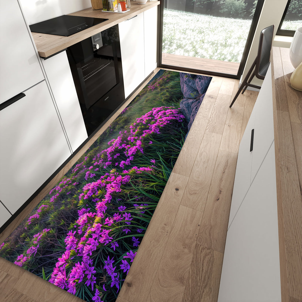 Langlebiger Küchenläufer mit Motiv Berglandschaft Blumen in moderner Küche