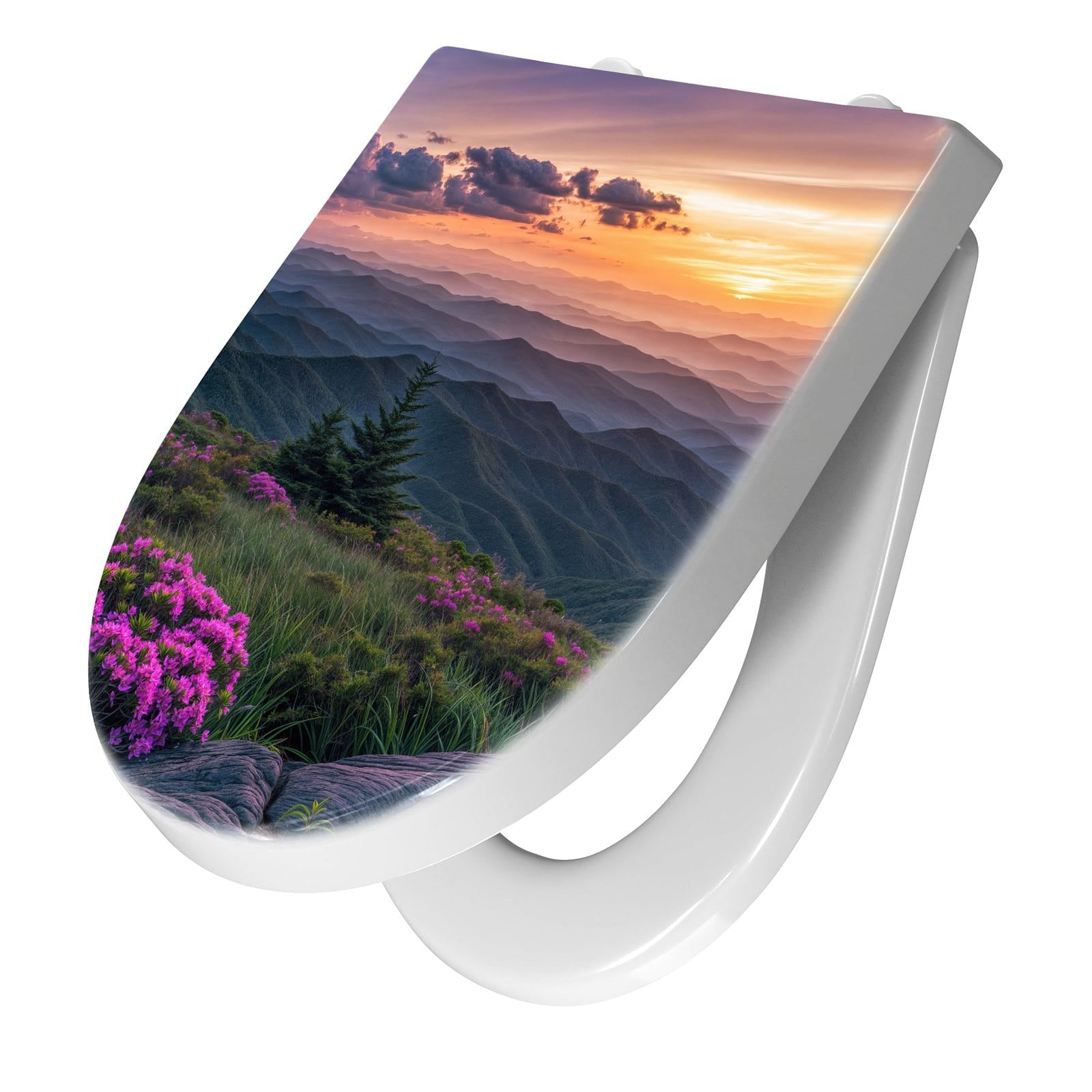 WC-Sitz mit Absenkautomatik Berglandschaft Blumen