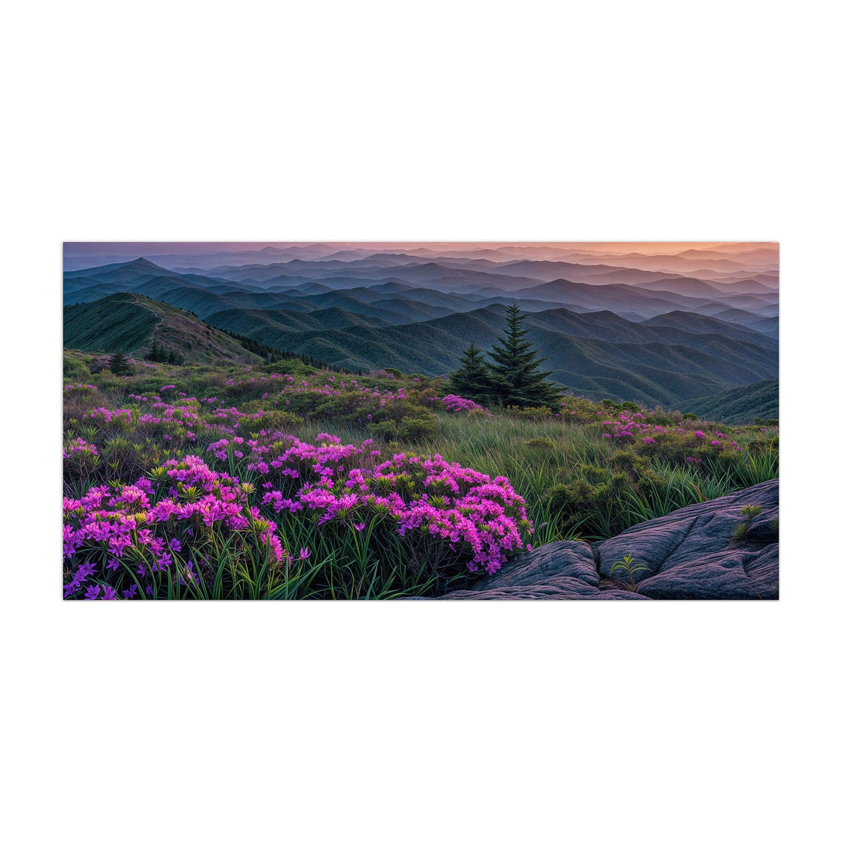 Küchenrückwand aus Glas Blüten vor Bergketten im Hochformat, Motiv bildfüllend von vorn