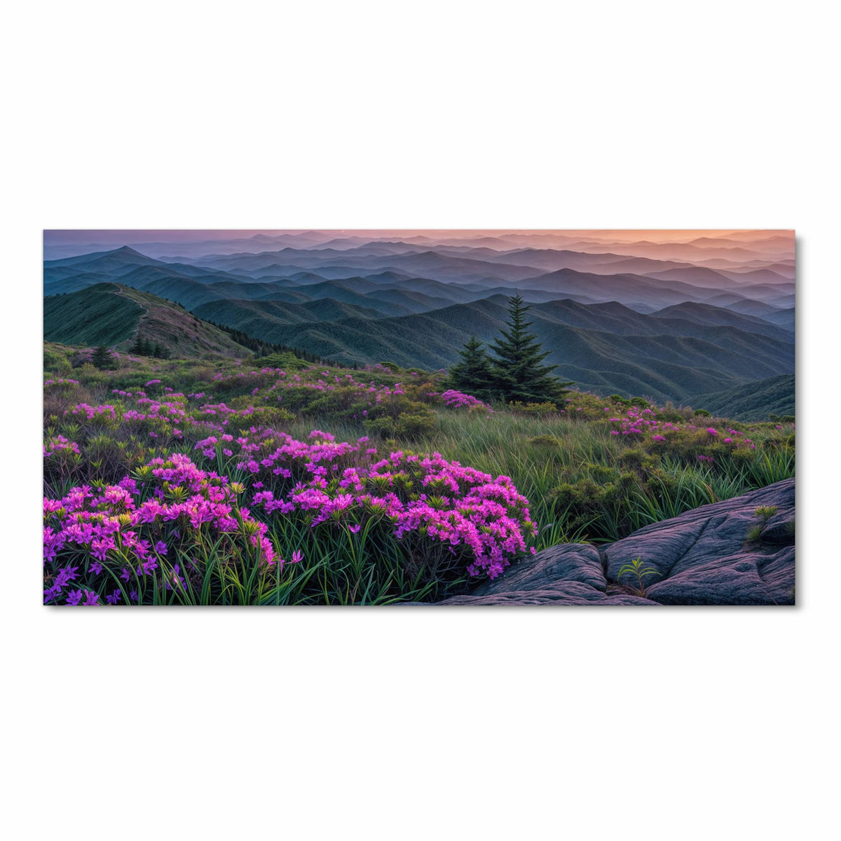 Zeitsparender Küchenteppich mit Motiv Berglandschaft Blumen in Frontansicht