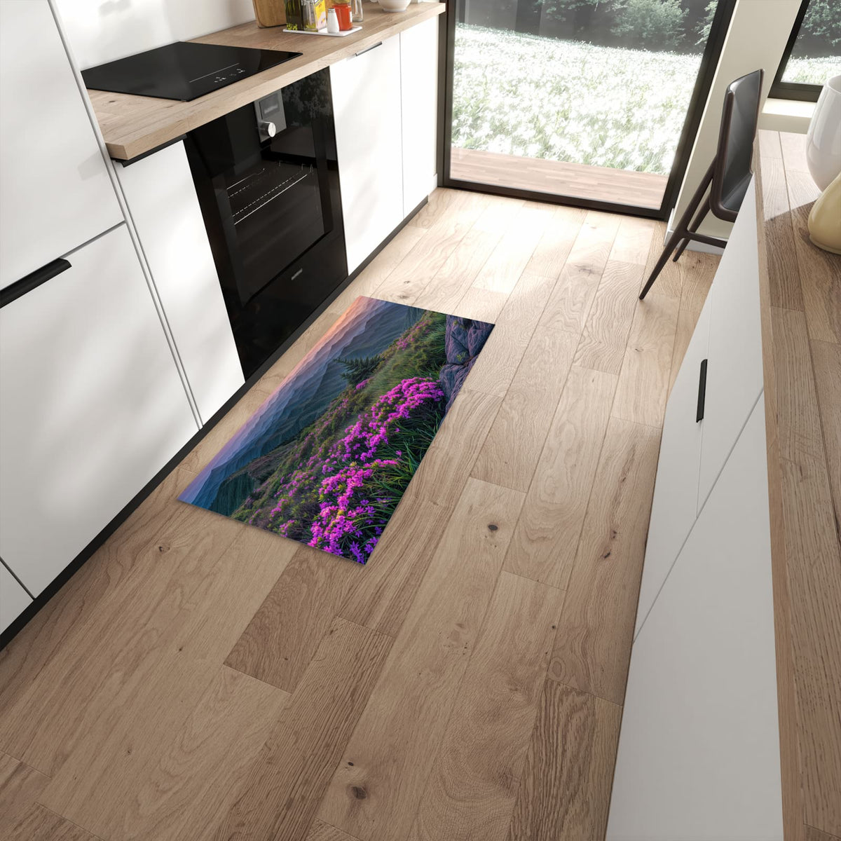 Abwaschbarer Küchenläufer mit Motiv Berglandschaft Blumen in moderner Küche #grösse_60 x 120 cm