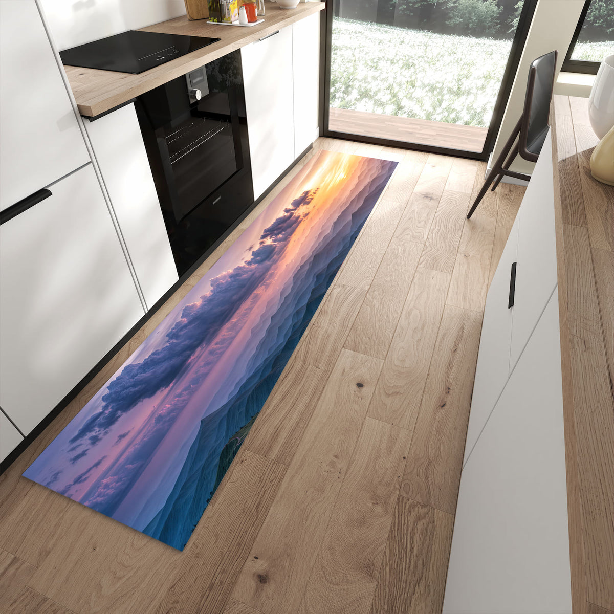 UV-beständiger Teppich für Küche mit Motiv Berglandschaft Blumen in moderner Küche