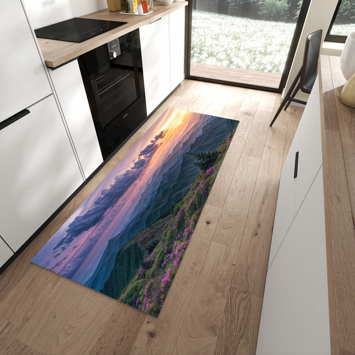 Fleckenresistenter Küchenteppich mit Motiv Berglandschaft Blumen in moderner Küche