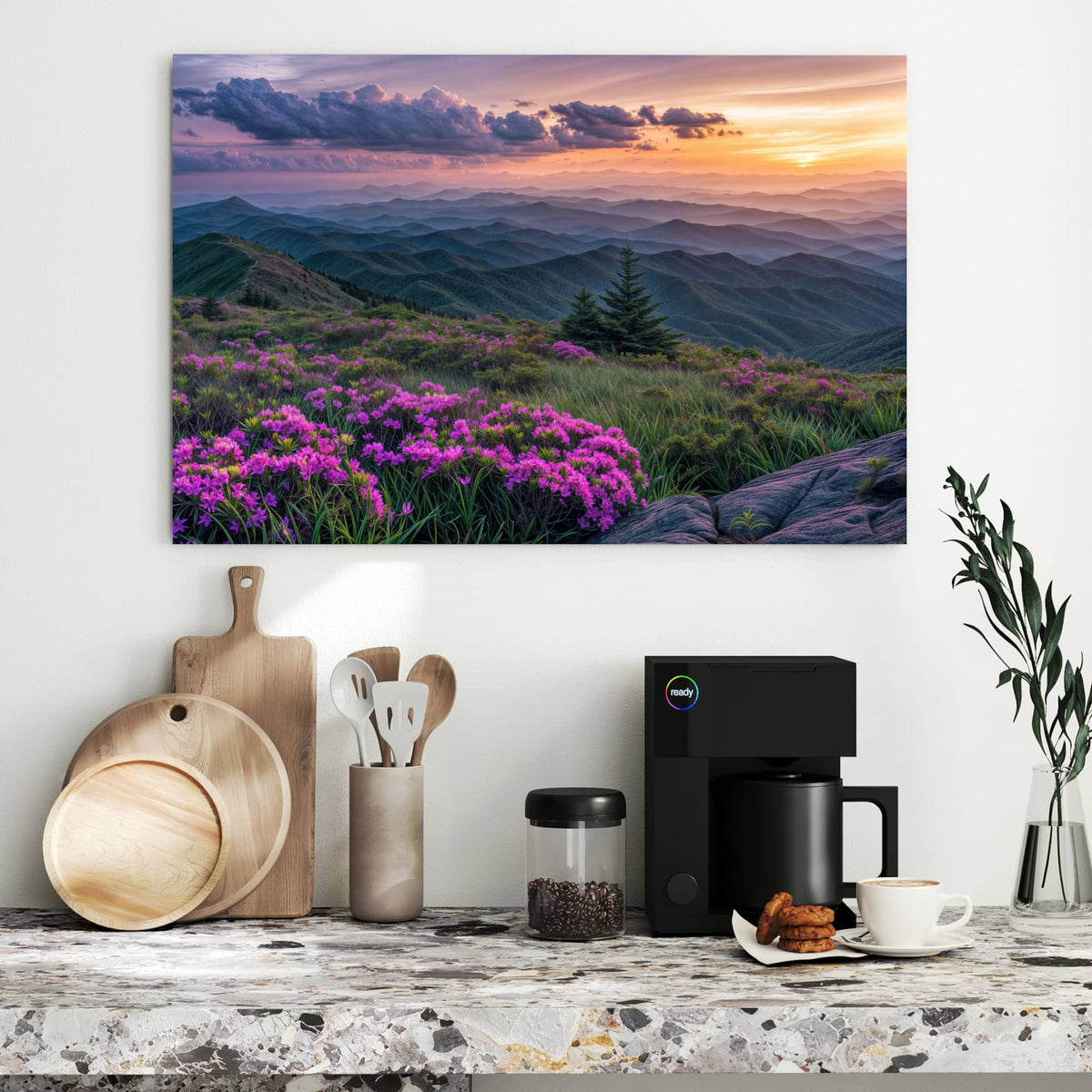 Metall Magnettafel - Blüten vor Bergketten – Blühende Hänge vor Bergketten