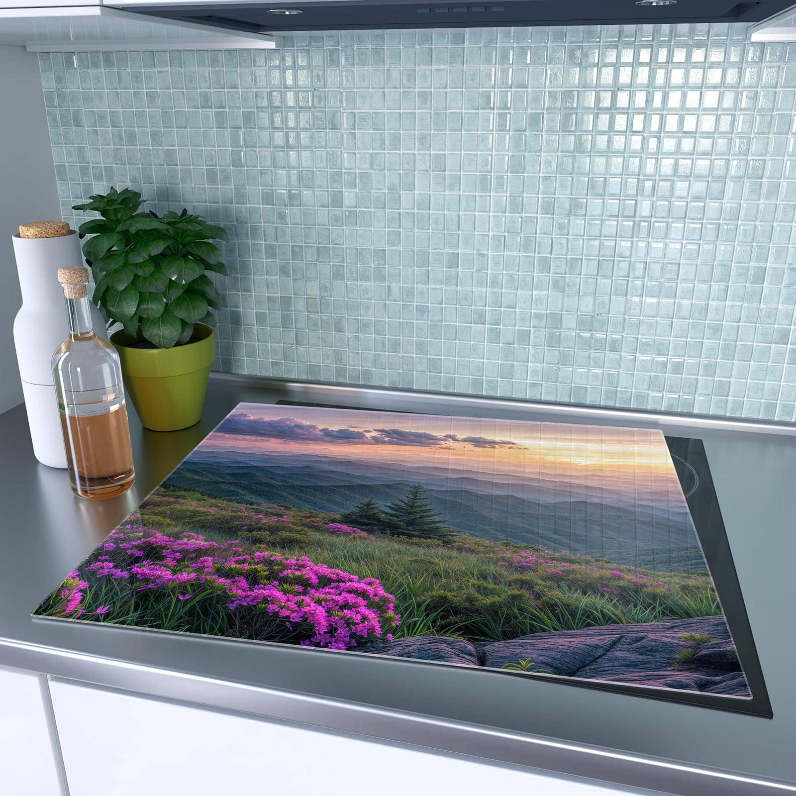 1-teilige Glasabdeckplatte für Ceranfeld mit Berglandschaft Blumen-Motiv auf dem Ceranfeld