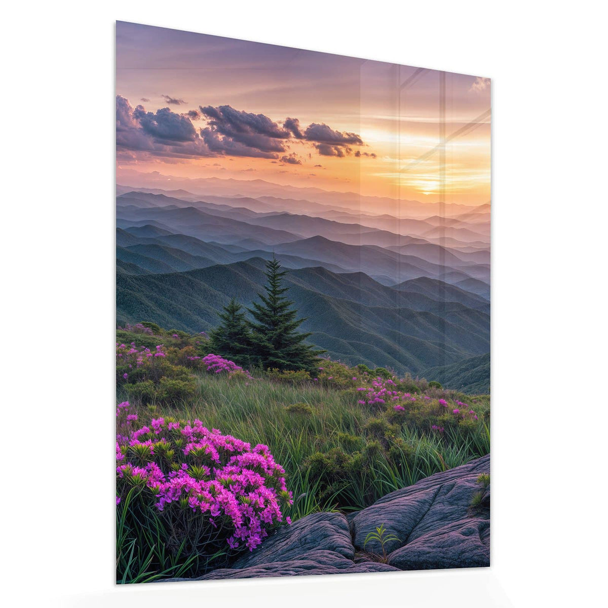 Echtglas, 4 mm – kein Acryl, keine Folie – Wandbild - Blüten vor Bergketten - Hochformat