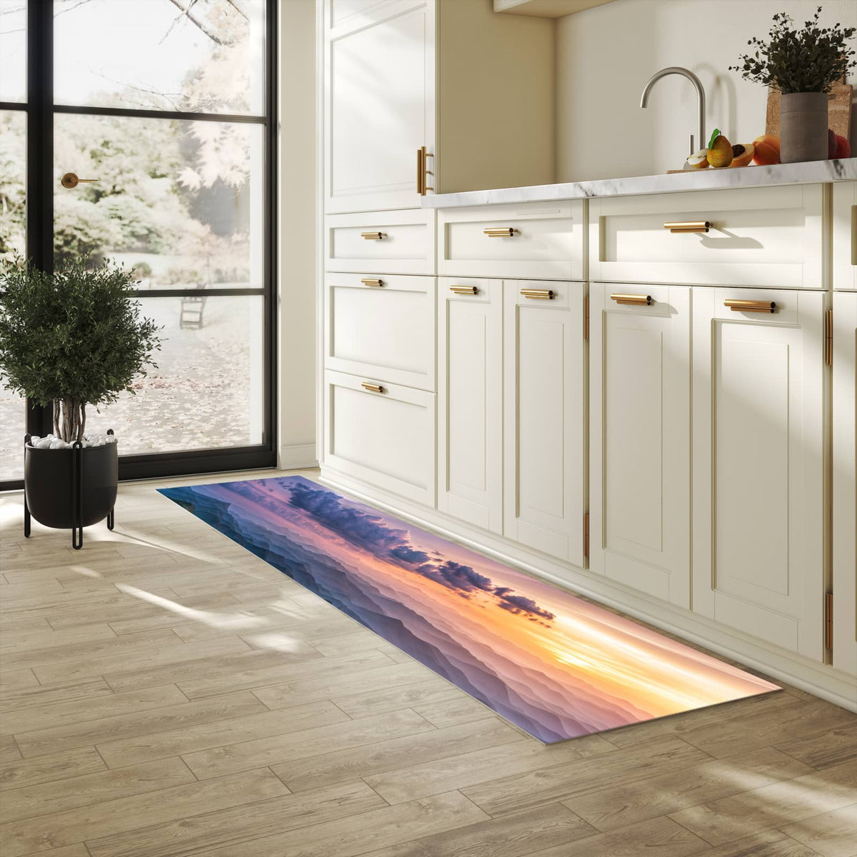 Formstabiler waschbarer Küchenteppich mit Motiv Berglandschaft Blumen in heller Küche