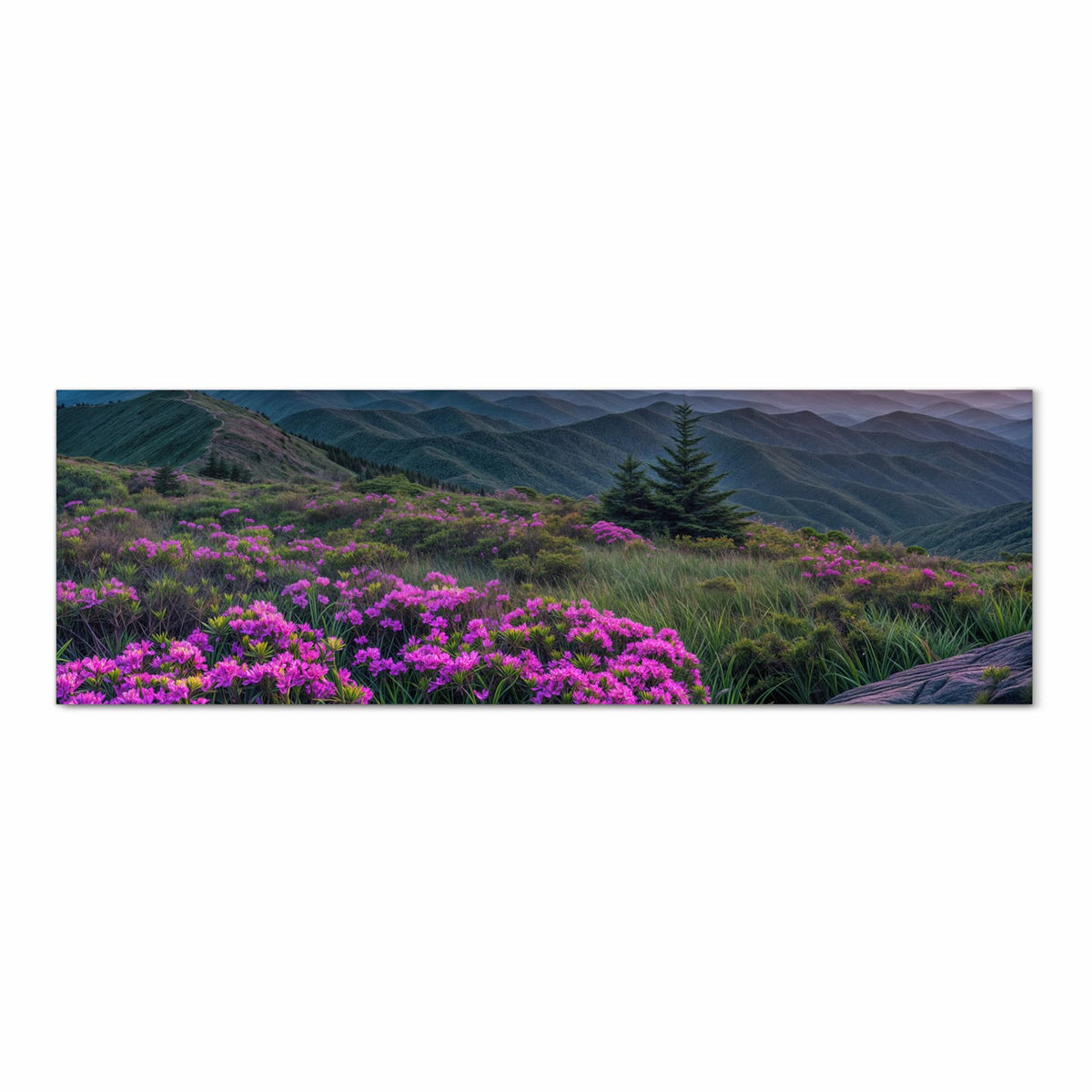 Schmutzabweisender Küchenläufer mit Motiv Berglandschaft Blumen in Frontansicht