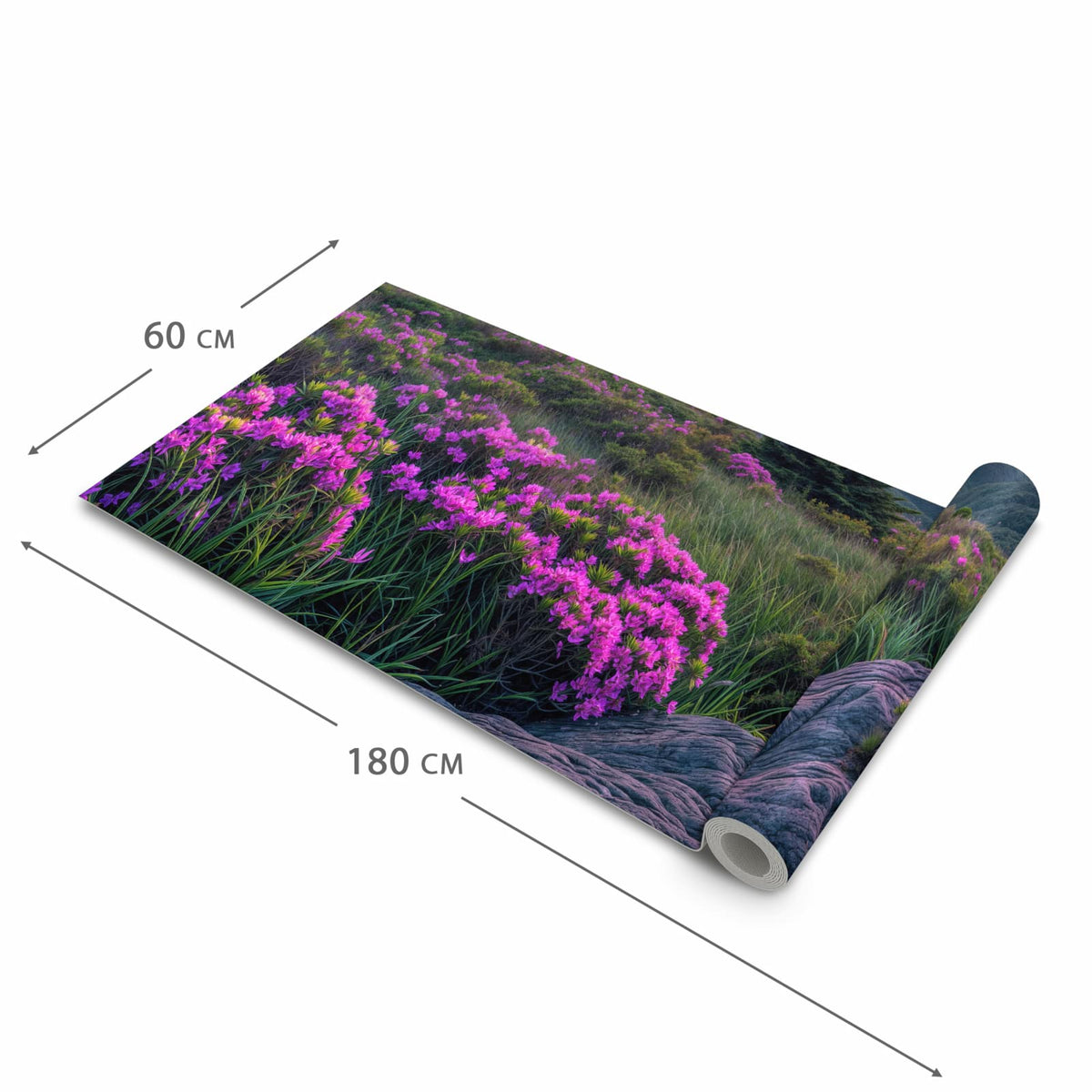 Hygienischer Küchenläufer mit Motiv Berglandschaft Blumen in der Größe 60x240 cm für den Flur