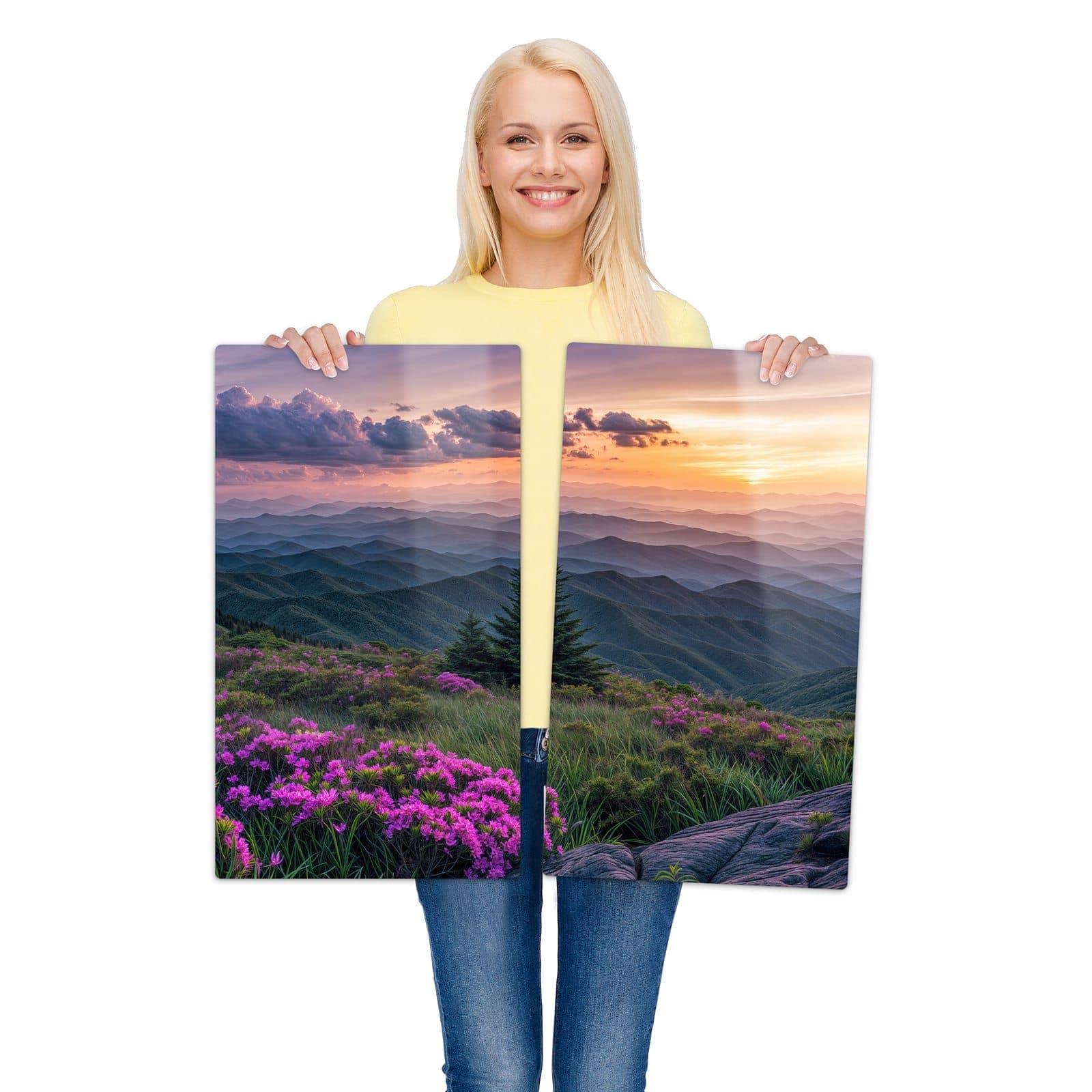 2-teilige Abdeckplatten für Ceranfeld mit Berglandschaft Blumen-Motiv wird zur Größendarstellung gehalten