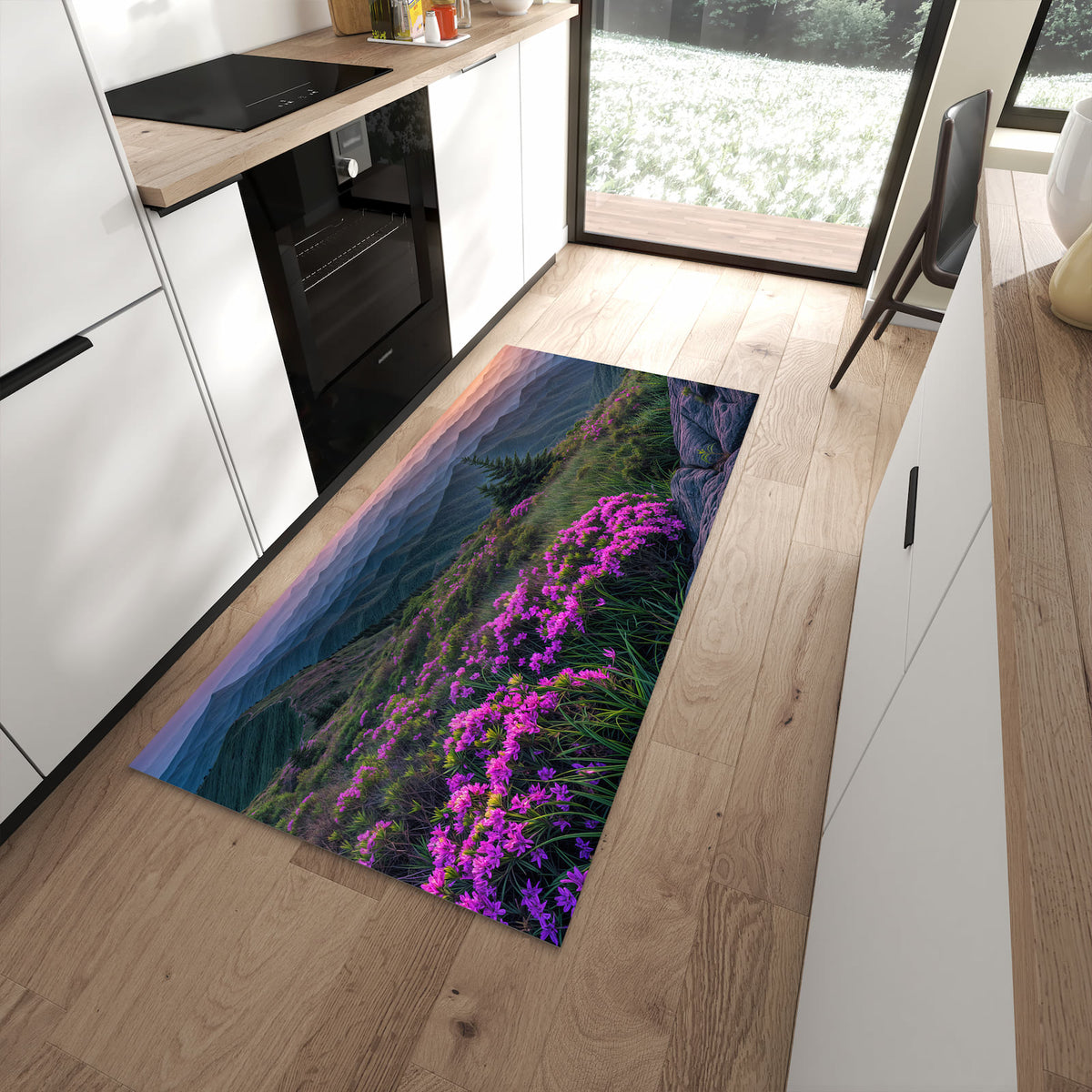 Flacher Küchenläufer mit Motiv Berglandschaft Blumen in moderner Küche