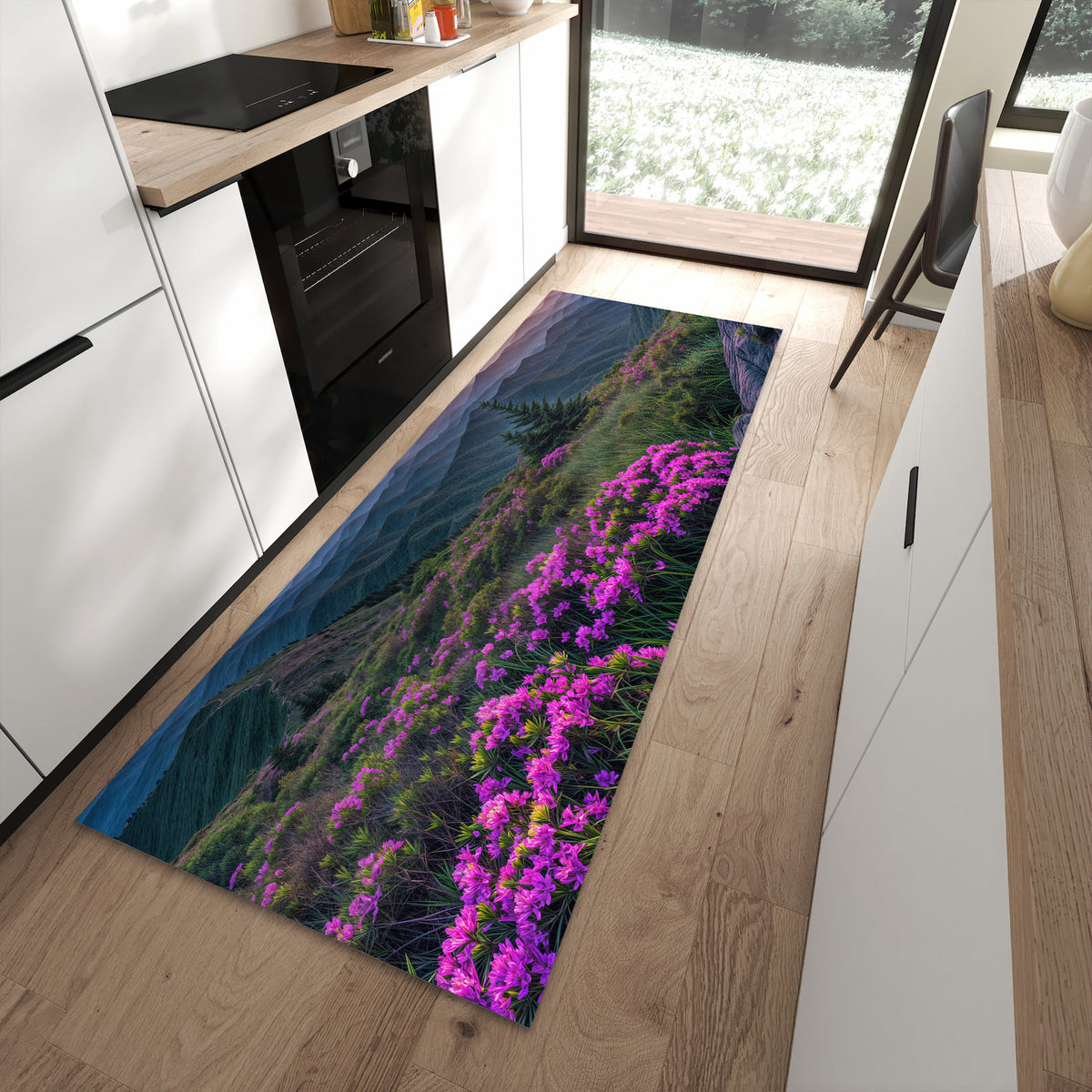 Rutschfester Küchenteppich mit Motiv Berglandschaft Blumen in moderner Küche