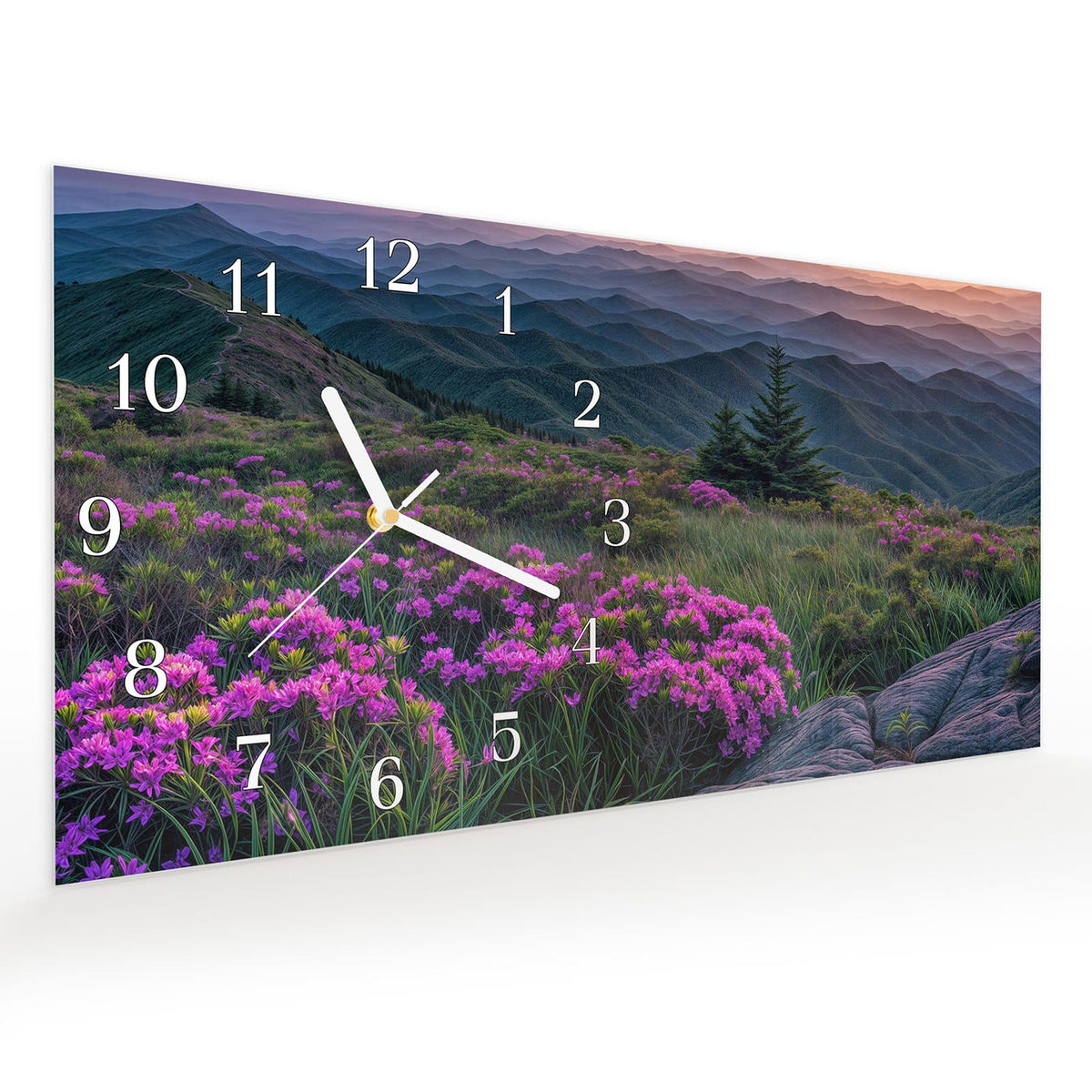 Vormontiert – mit Schwebeeffekt – Wanduhr Berglandschaft Blumen aus Glas – Querformat 60 × 30 cm