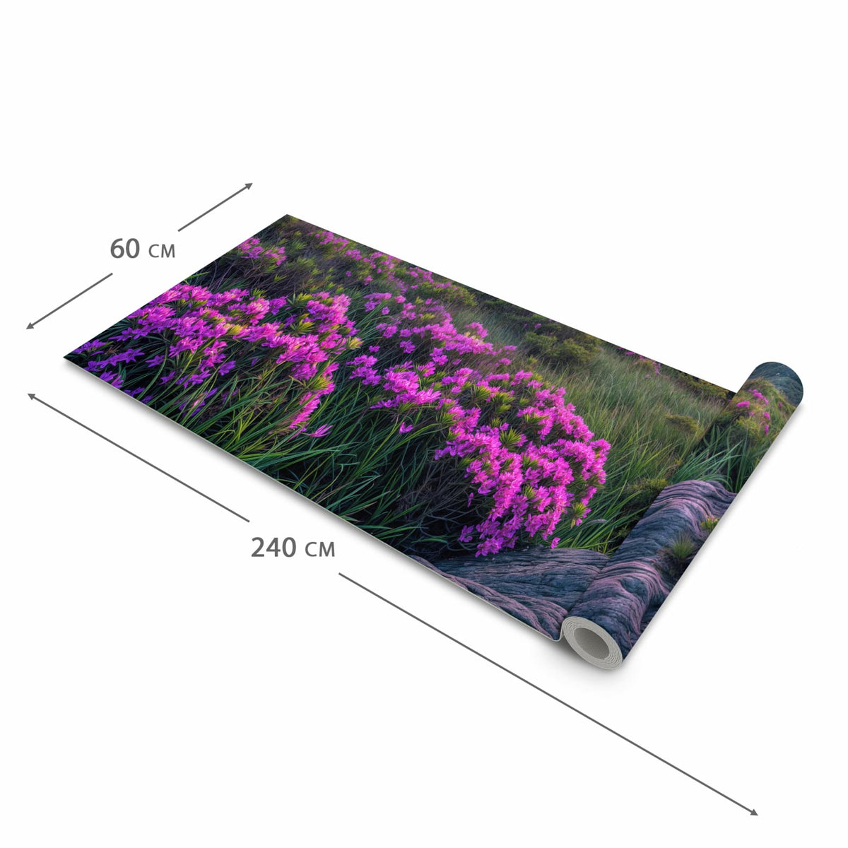 Strapazierfähiger Läufer für den Eingangsbereich mit Motiv Berglandschaft Blumen in der Größe 60x240 cm
