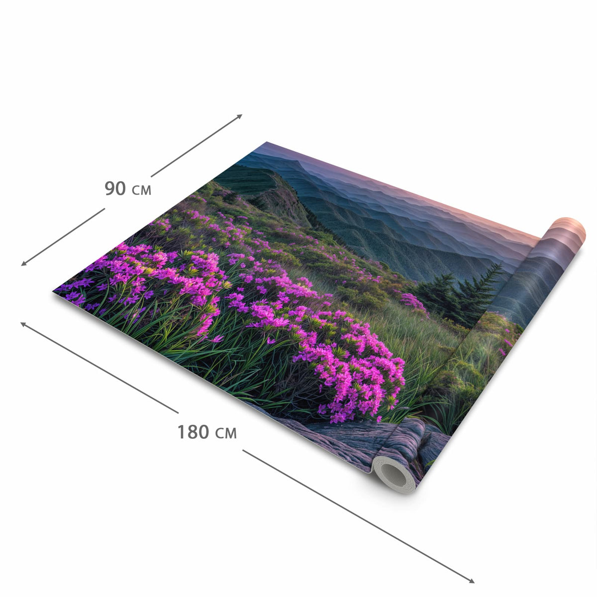 Farbbeständiger Bodenläufer mit Motiv Berglandschaft Blumen in der Grösse 60x240 cm