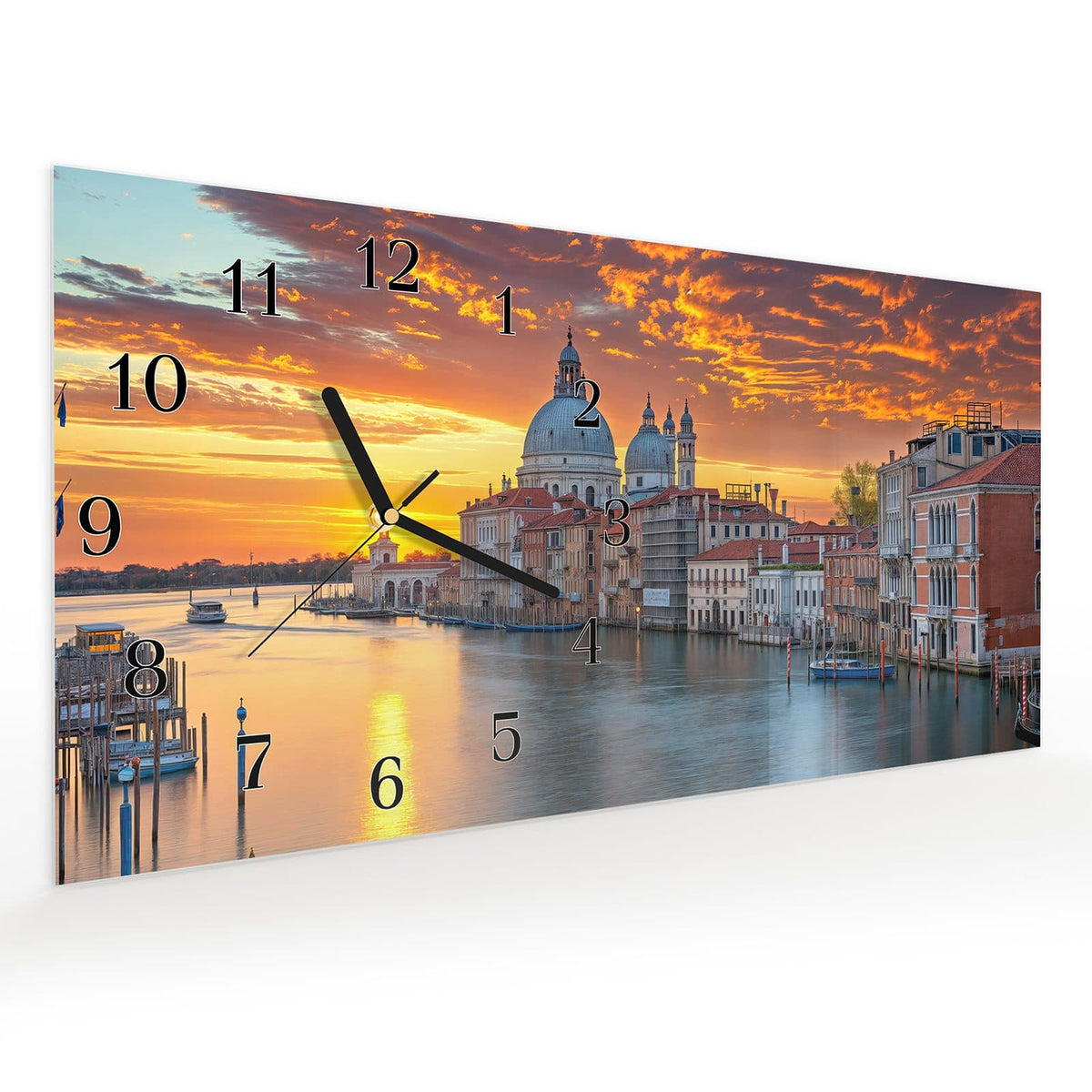 Vormontiert – mit Schwebeeffekt – Wanduhr Venedig bei Sonnenuntergang aus Glas – Querformat 60 × 30 cm